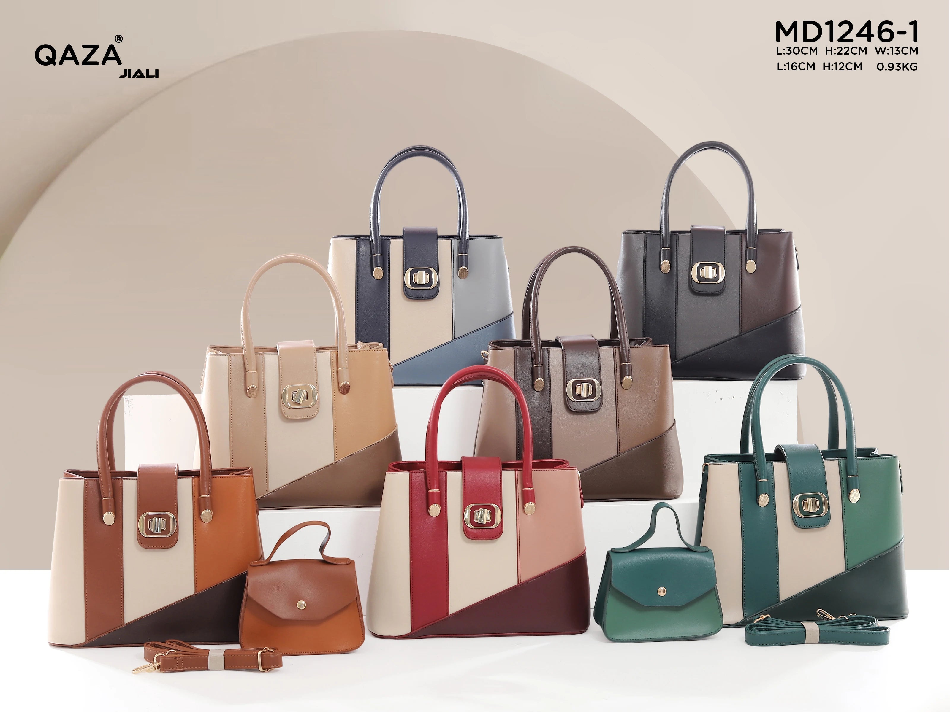 QAZA MD1246-1 Women PU Leather Color Block Tote Handbag Set