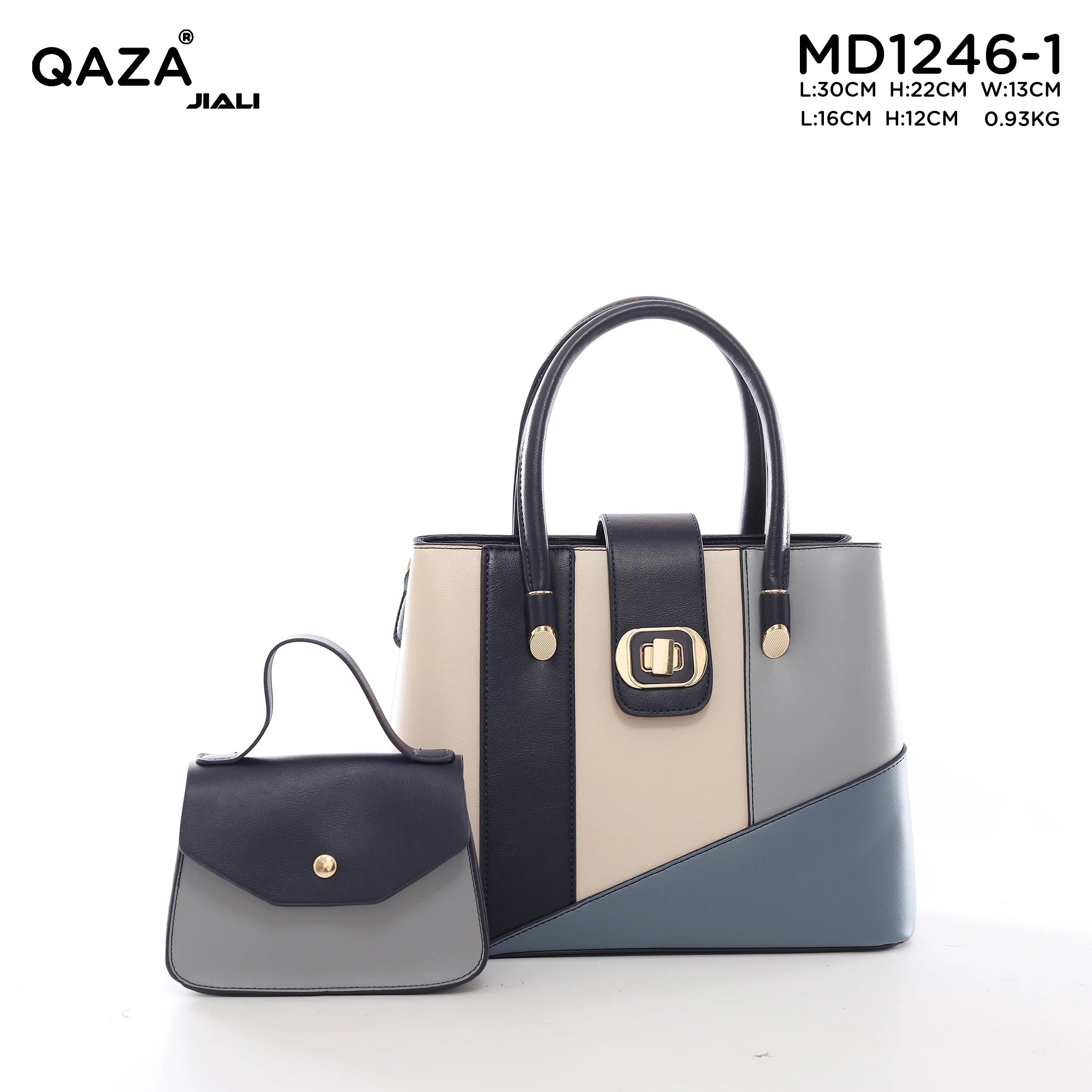QAZA MD1246-1 Women PU Leather Color Block Tote Handbag Set