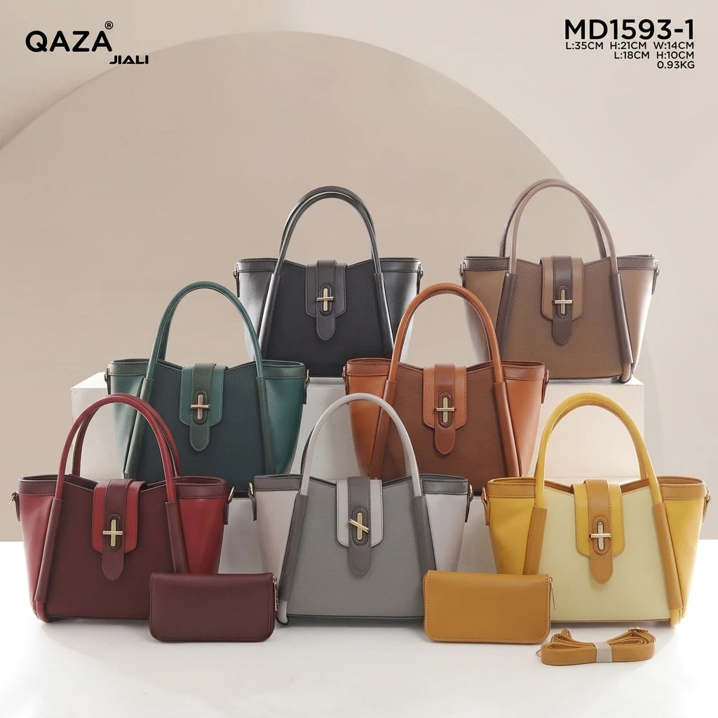 QAZA Women PU Leather Contrast Color 2-in-1 Tote Shoulder Handbag Set