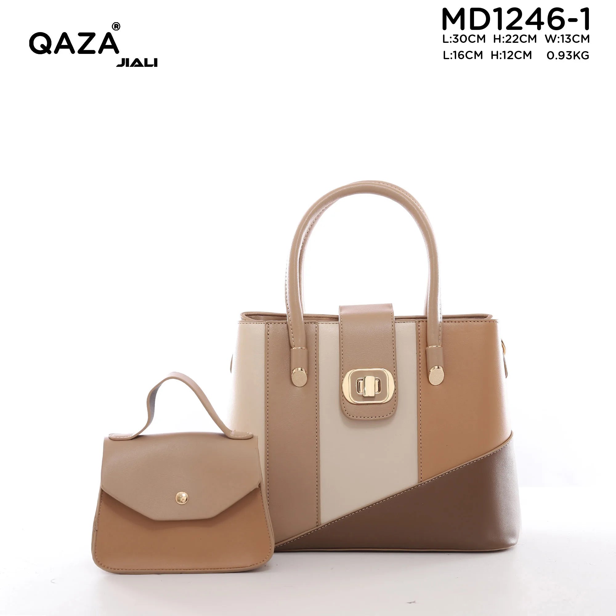 QAZA MD1246-1 Women PU Leather Color Block Tote Handbag Set
