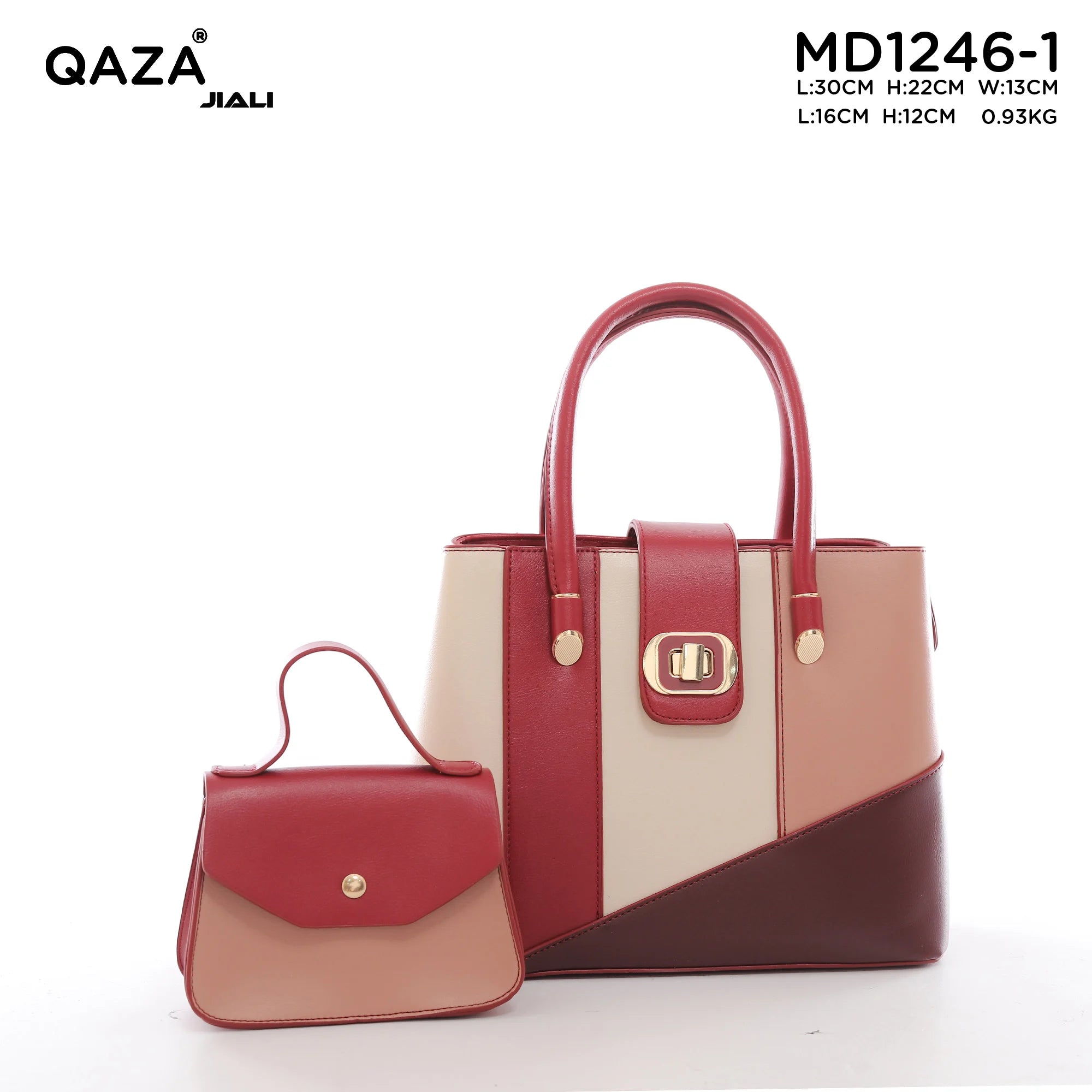 QAZA MD1246-1 Women PU Leather Color Block Tote Handbag Set