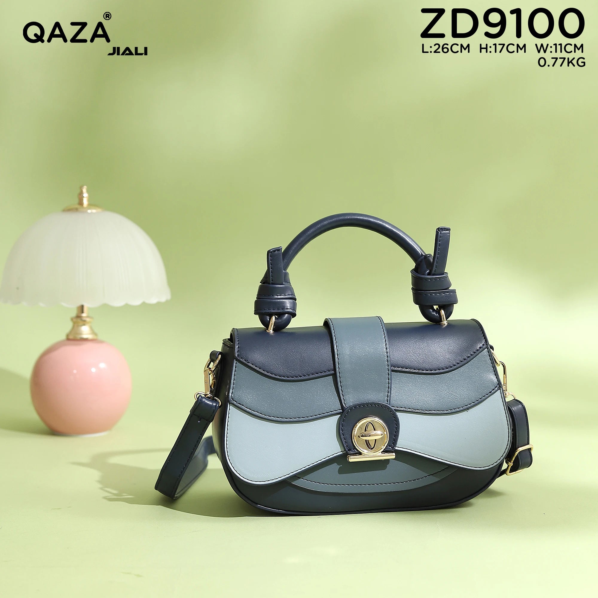 QAZA ZD9100 Women PU Leather Color Block Structured Tote Satchel Bag