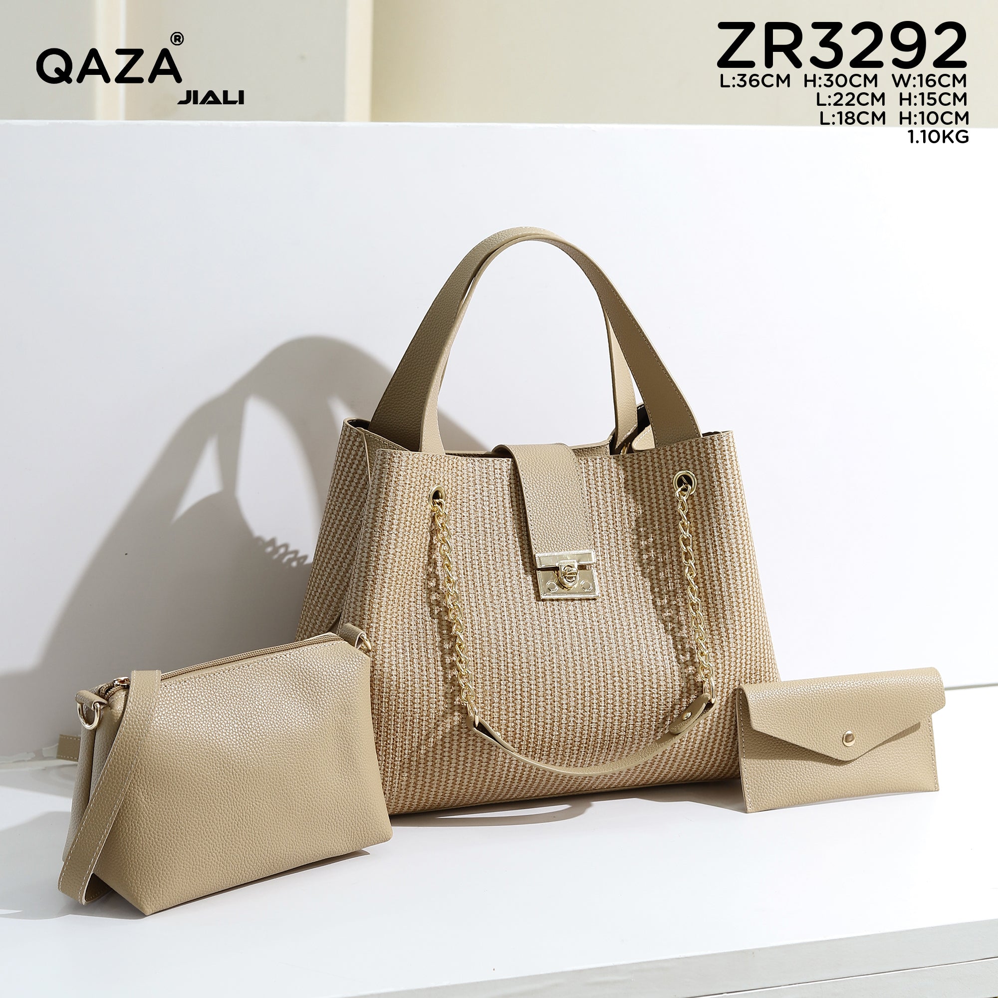 QAZA ZR3292 Women PU Leather 3-in-1 Tote Handbag Set