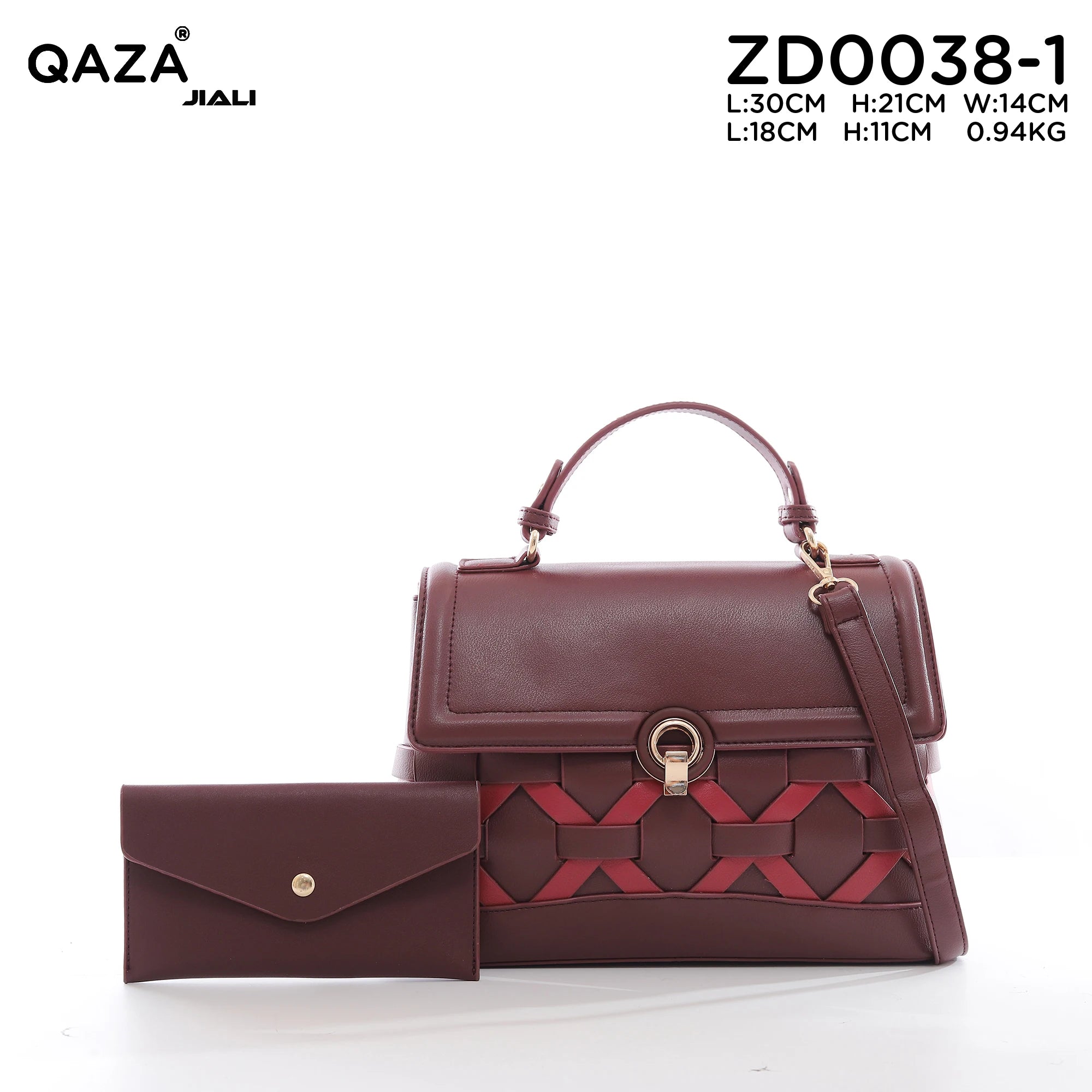 QAZA Women PU Leather Woven Grid 2-in-1 Tote Shoulder Handbag Set