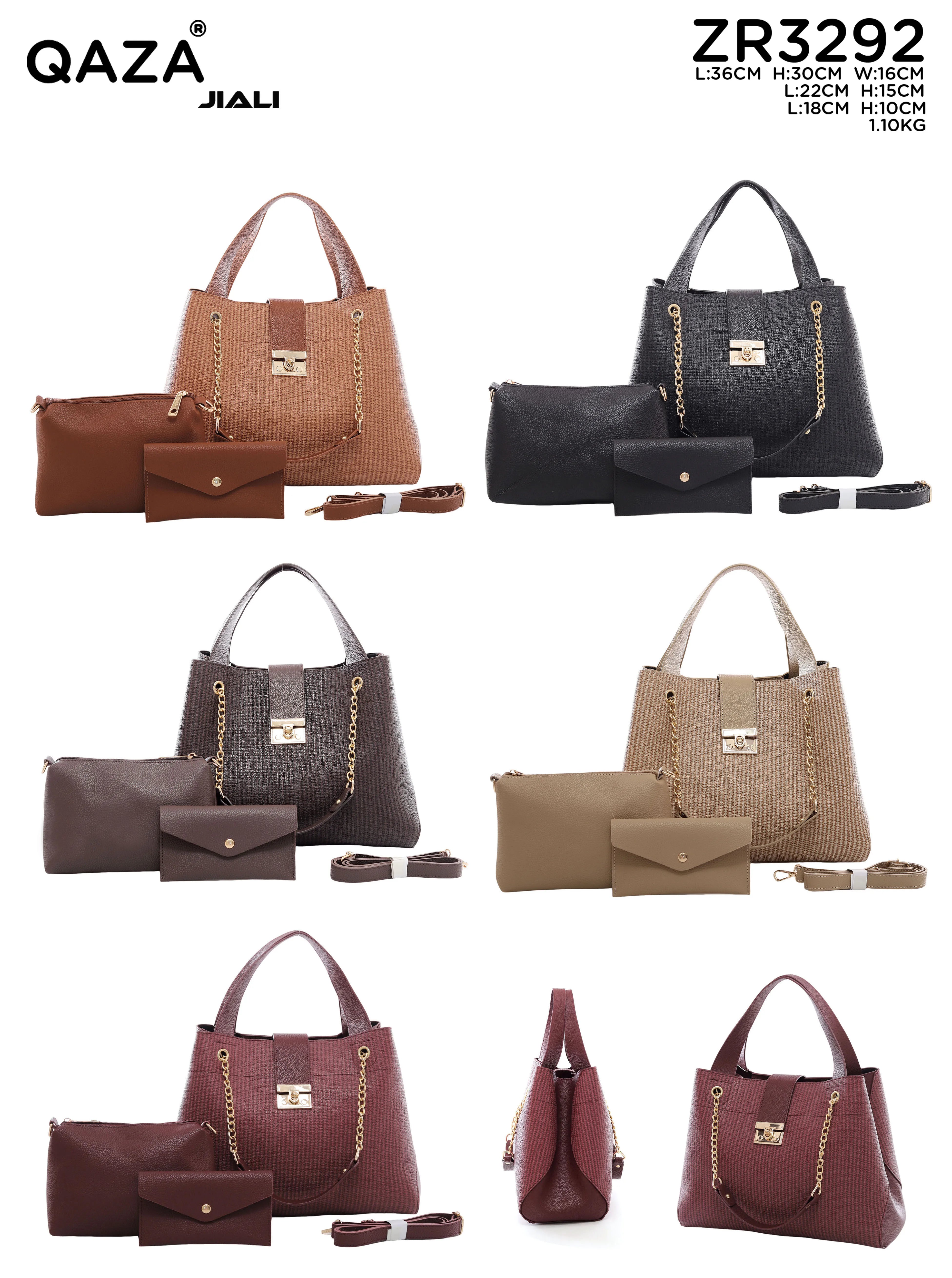 QAZA ZR3292 Women PU Leather 3-in-1 Tote Handbag Set