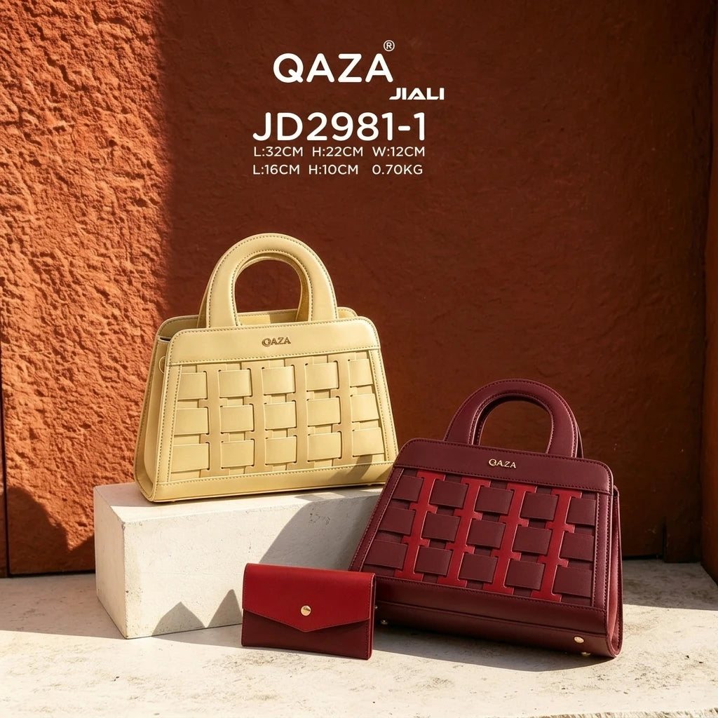 QAZA Women PU Leather Woven Grid 2-in-1 Top Handle Shoulder Crossbody Purse Set