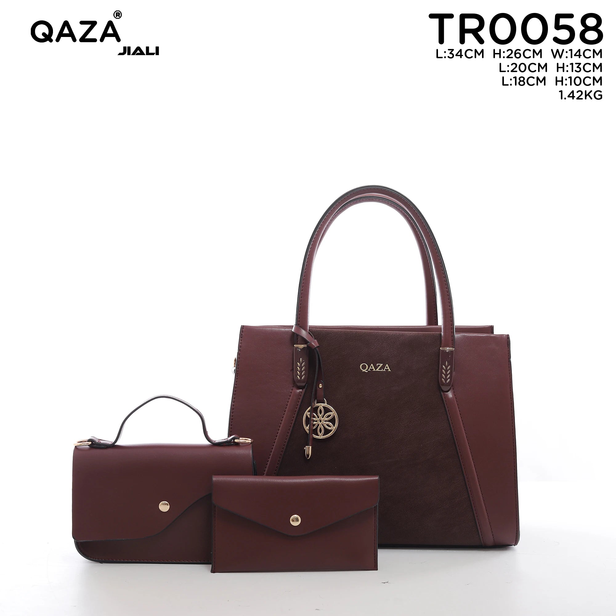 QAZA Women PU Leather 3-in-1 Contrast Color Tote Crossbody Purse Wallet Set