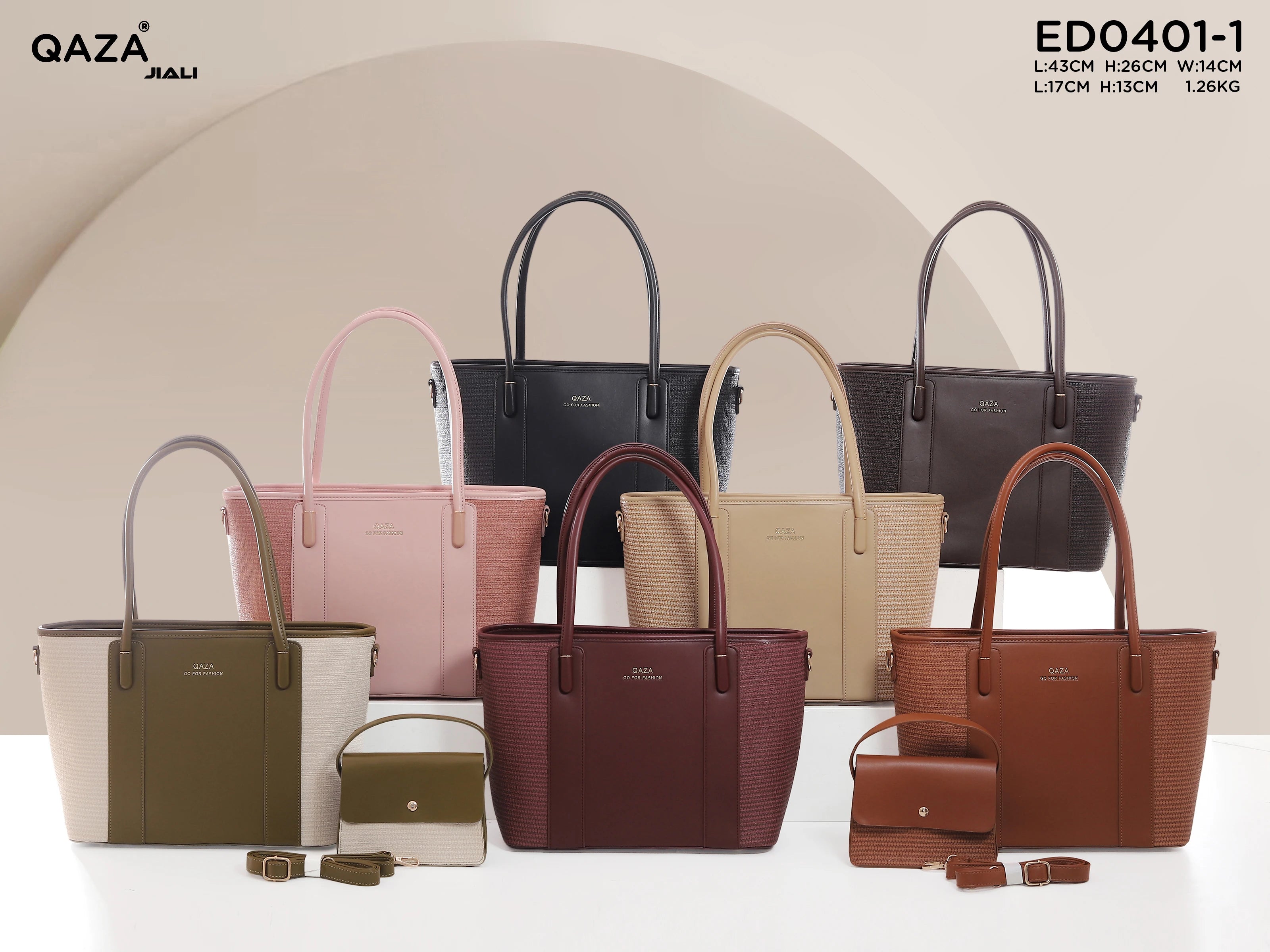 QAZA Women PU Leather Woven Texture 2-in-1 Tote Shoulder Handbag Set
