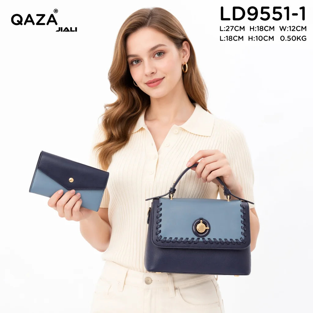 QAZA Women PU Leather Contrast Color Stitched Edge 2-Piece Handbag Set