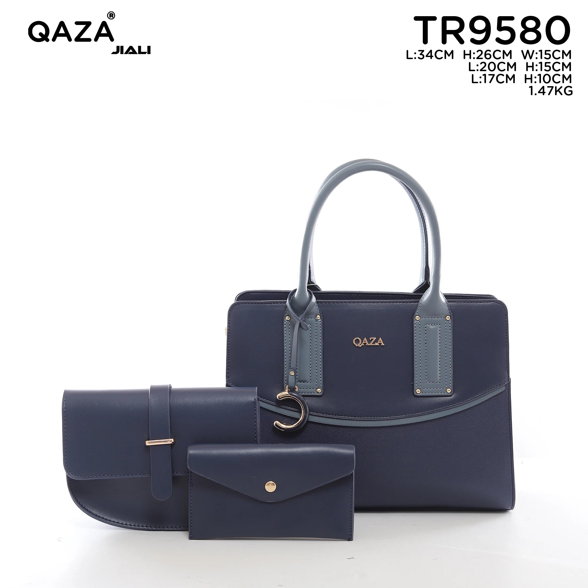 QAZA Women PU Leather 3-in-1 Color Block Tote Crossbody Purse Set