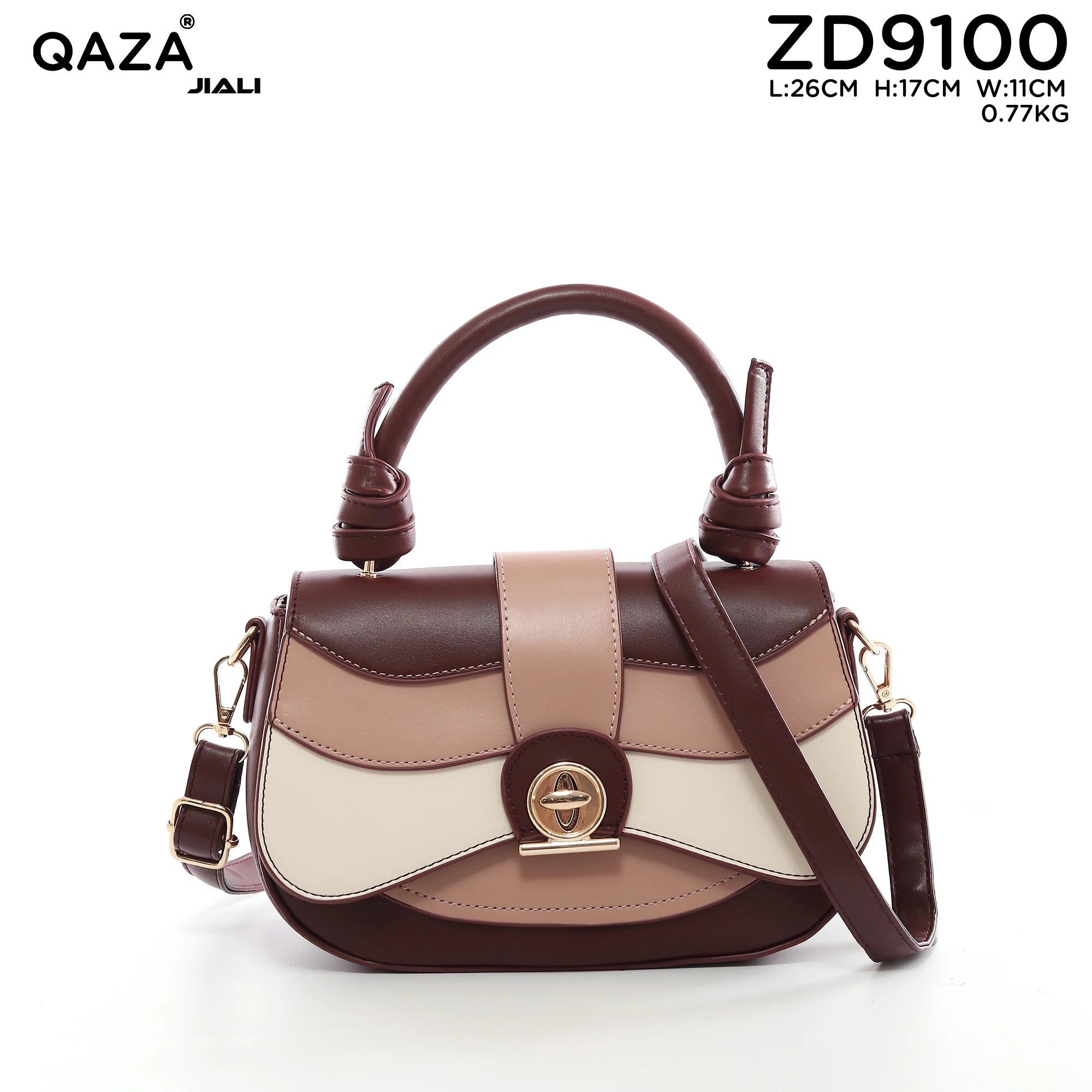 QAZA ZD9100 Women PU Leather Color Block Structured Tote Satchel Bag