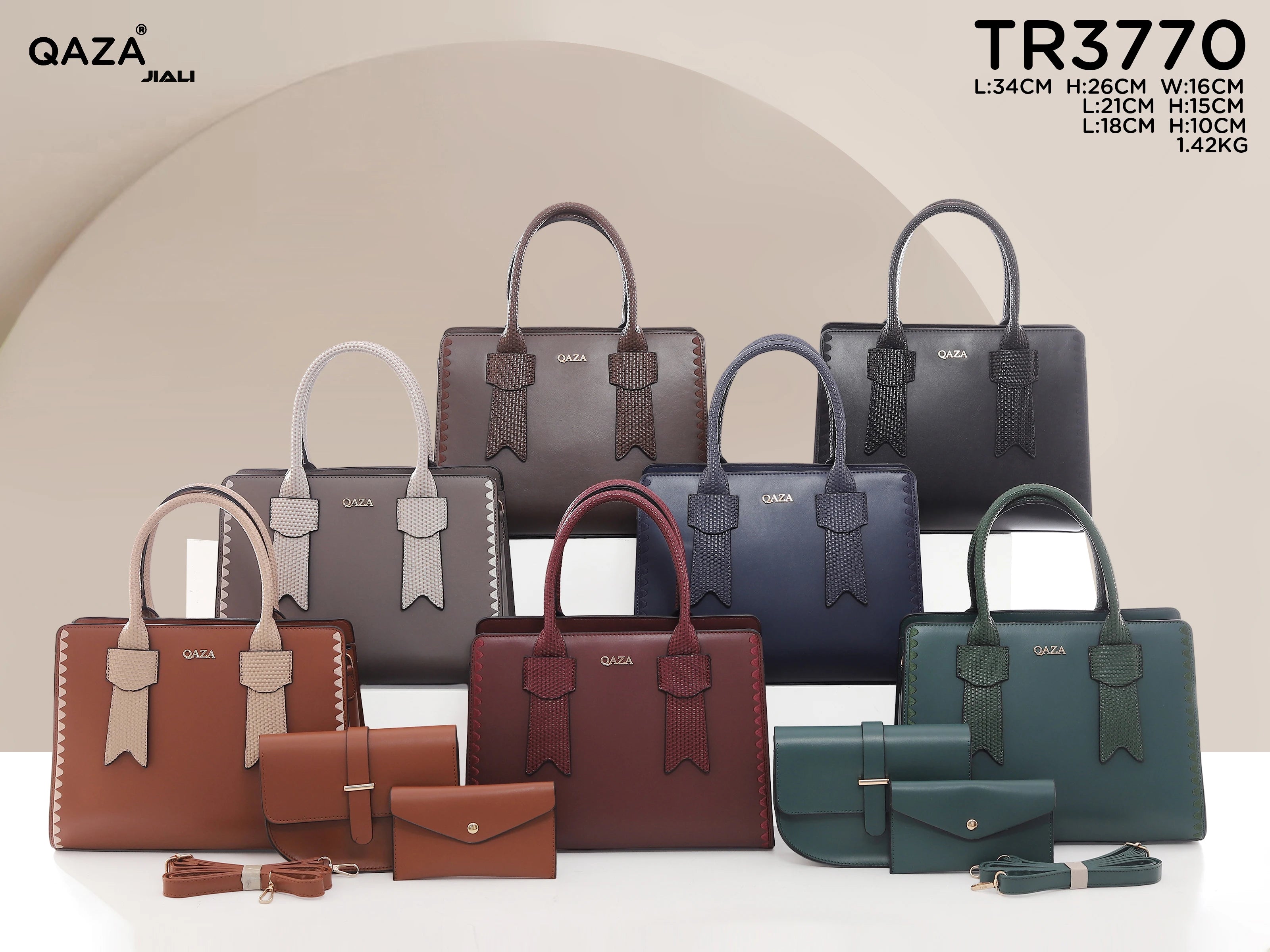 QAZA TR3770 Women PU Leather Saffiano Wavy Edge Tote Bag Set