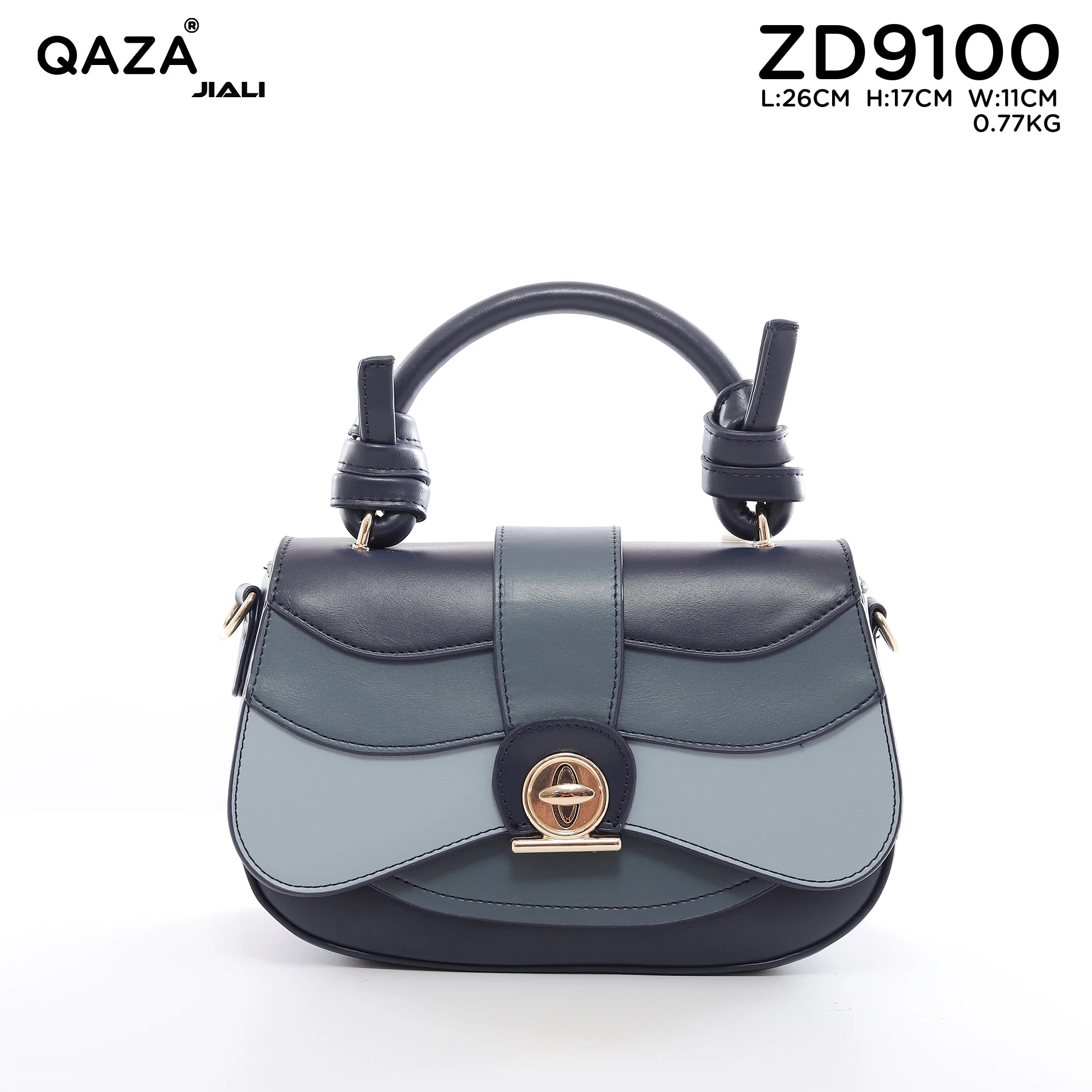 QAZA ZD9100 Women PU Leather Color Block Structured Tote Satchel Bag