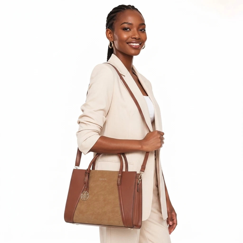 QAZA Women PU Leather Two-Tone Spliced Tote Handbag Crossbody Purse Wallet Set