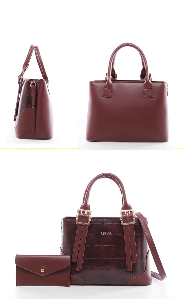 QAZA ZD2618-1 Women PU Crocodile Grain Leather Shoulder Bag Set With Long Wallet Vintage Gold Hardware Work Tote