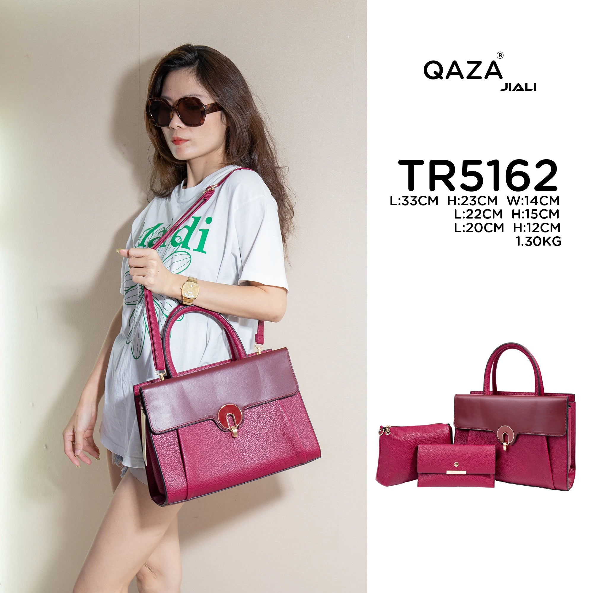 QAZA TR5162 Women PU Leather Lychee Pattern Tote Bag Set