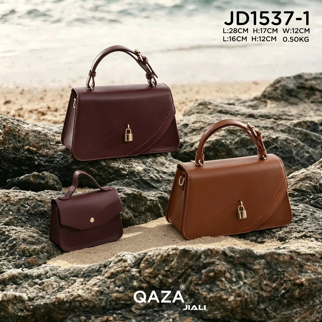 QAZA Women PU Leather Classic Solid Color 2-in-1 Shoulder Handbag Purse Set