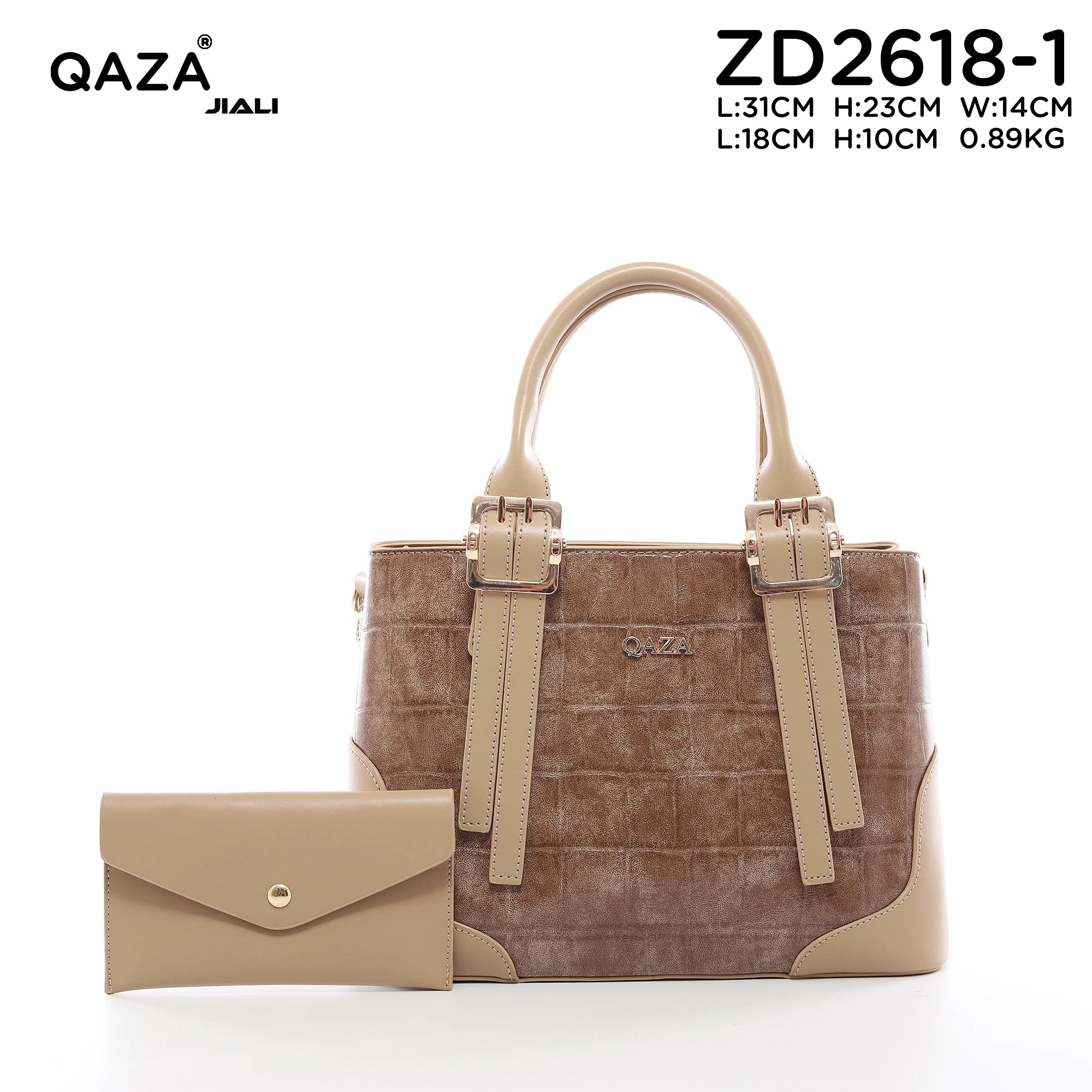 QAZA ZD2618-1 Women PU Crocodile Grain Leather Shoulder Bag Set With Long Wallet Vintage Gold Hardware Work Tote