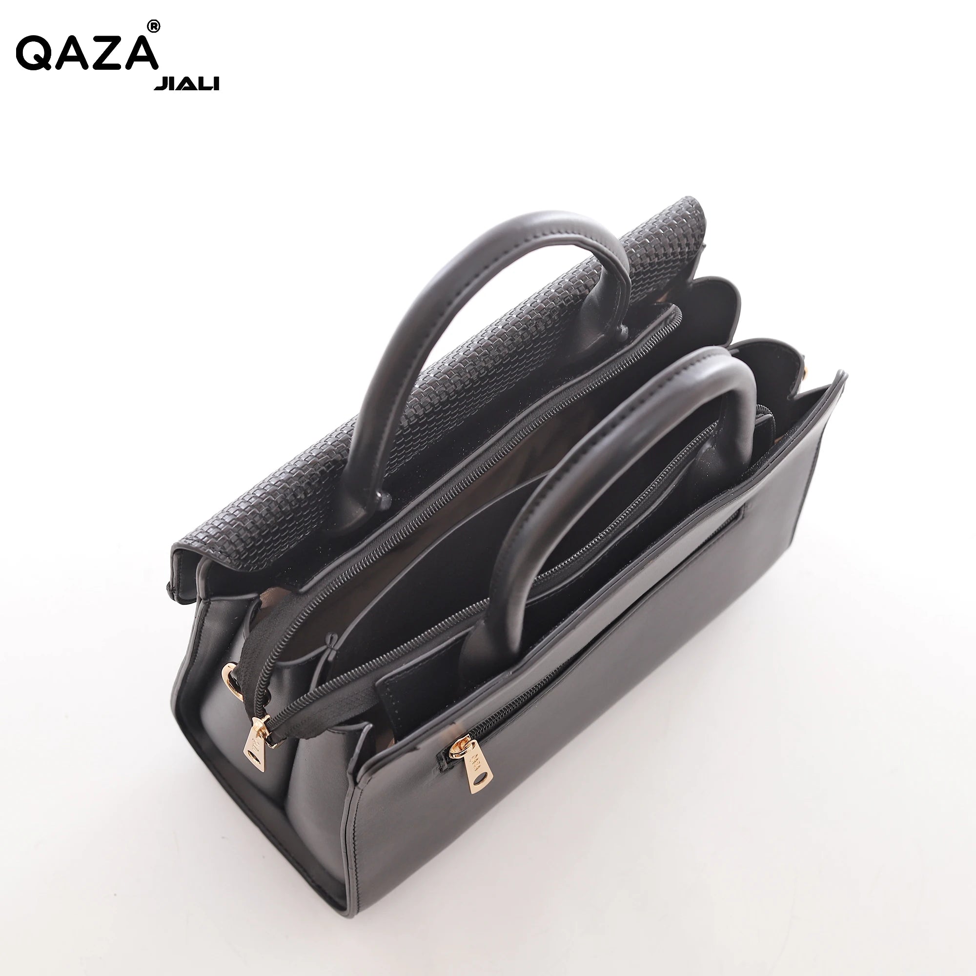 QAZA ED7307-1 Women PU Leather Woven Flap Tote Bag Set