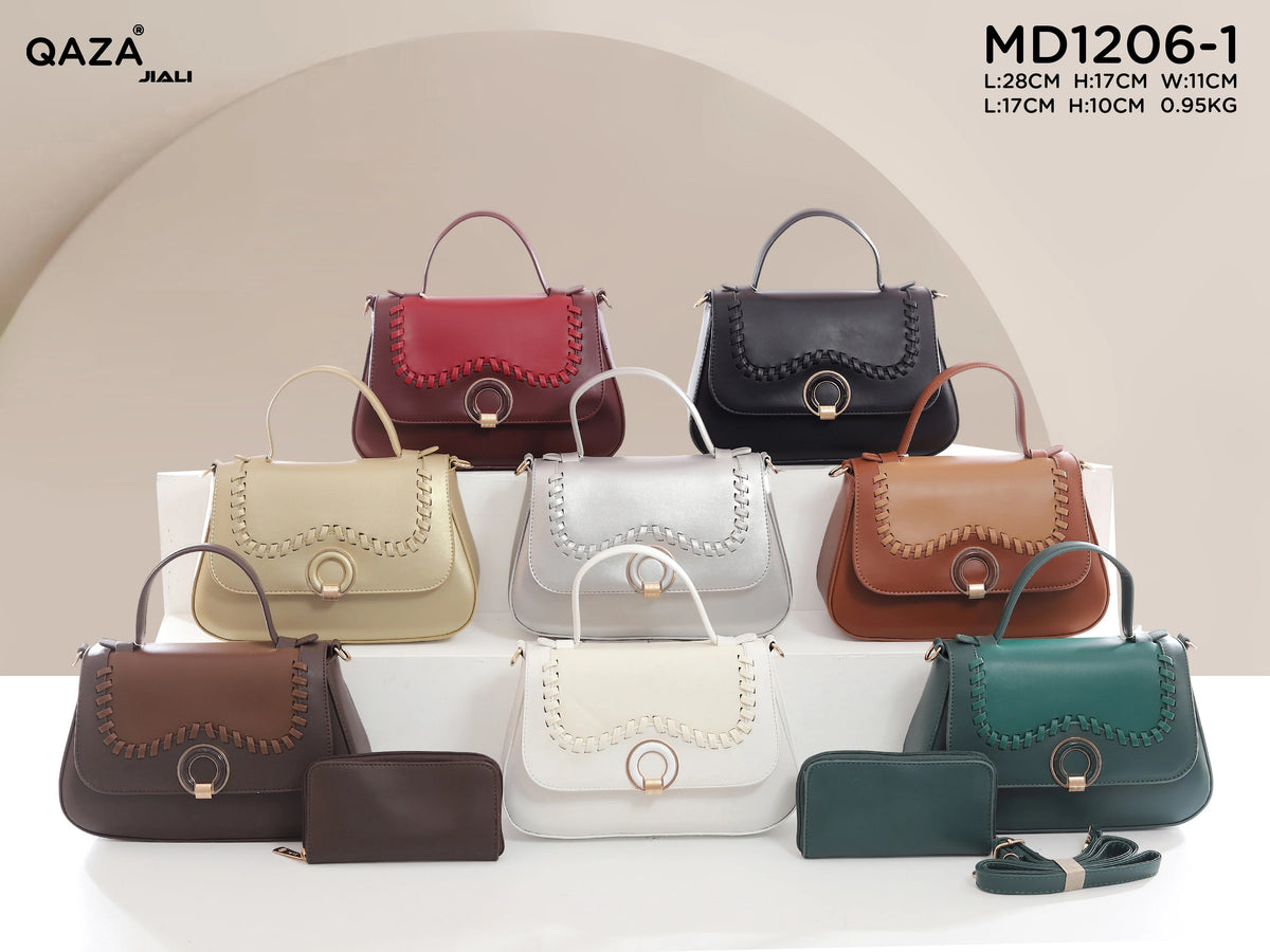 Women PU Leather Wave Whipstitch Flap Two-Tone Ring Lock Top Handle Crossbody Handbag Set