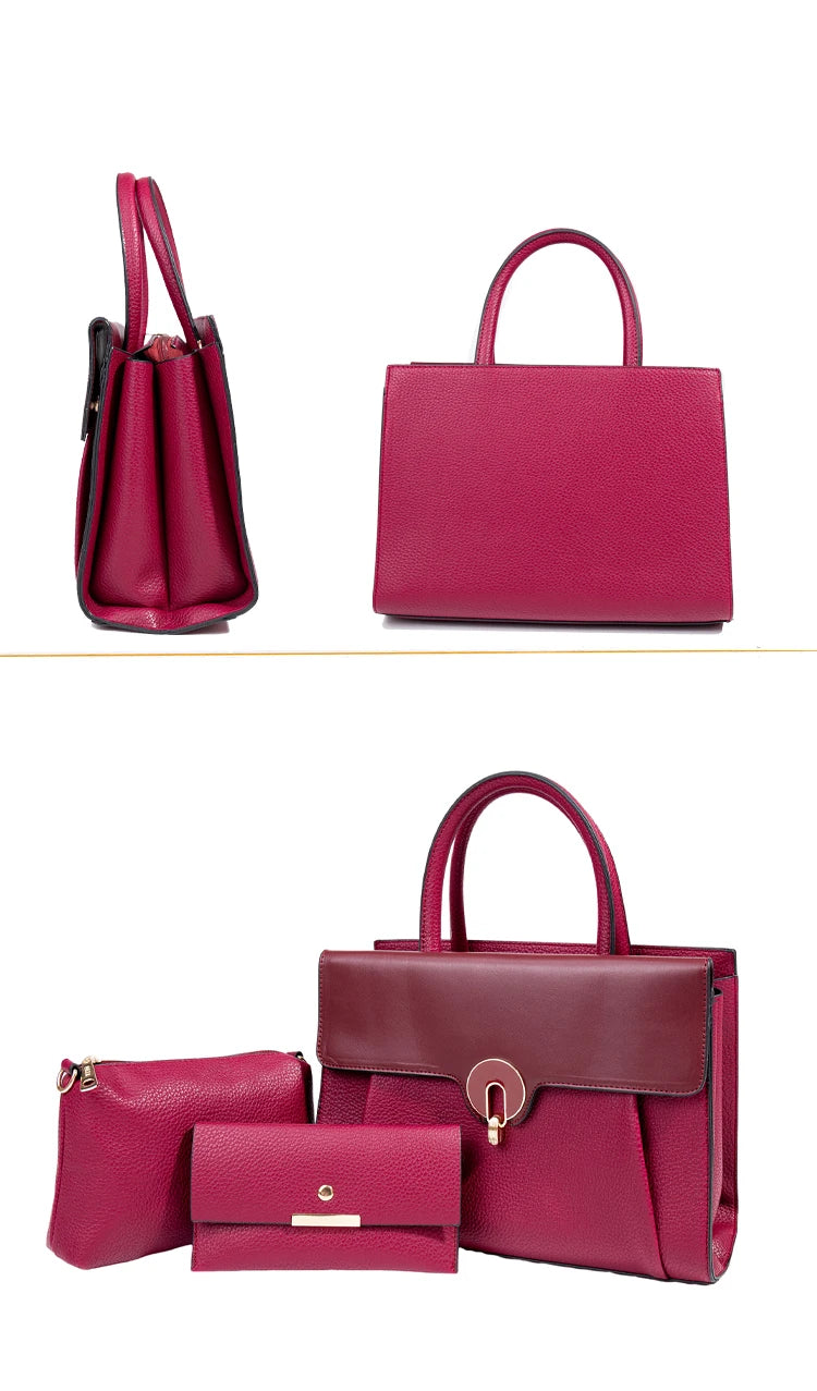 QAZA TR5162 Women PU Leather Lychee Pattern Tote Bag Set