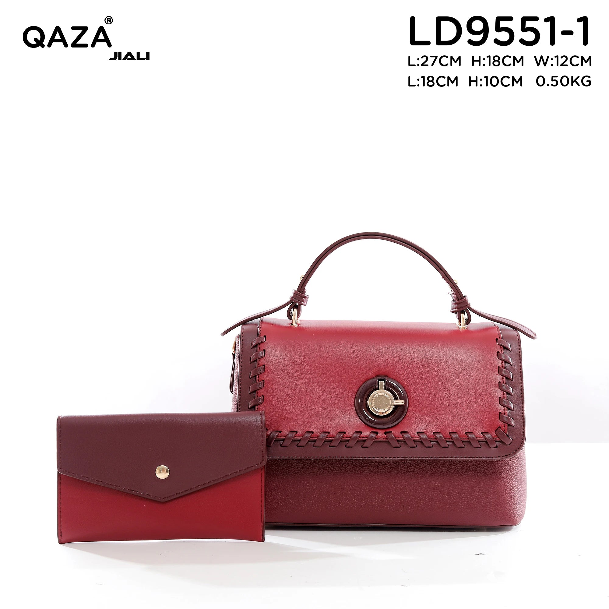 QAZA Women PU Leather Stitched Edge 2-in-1 Tote Shoulder Handbag Set
