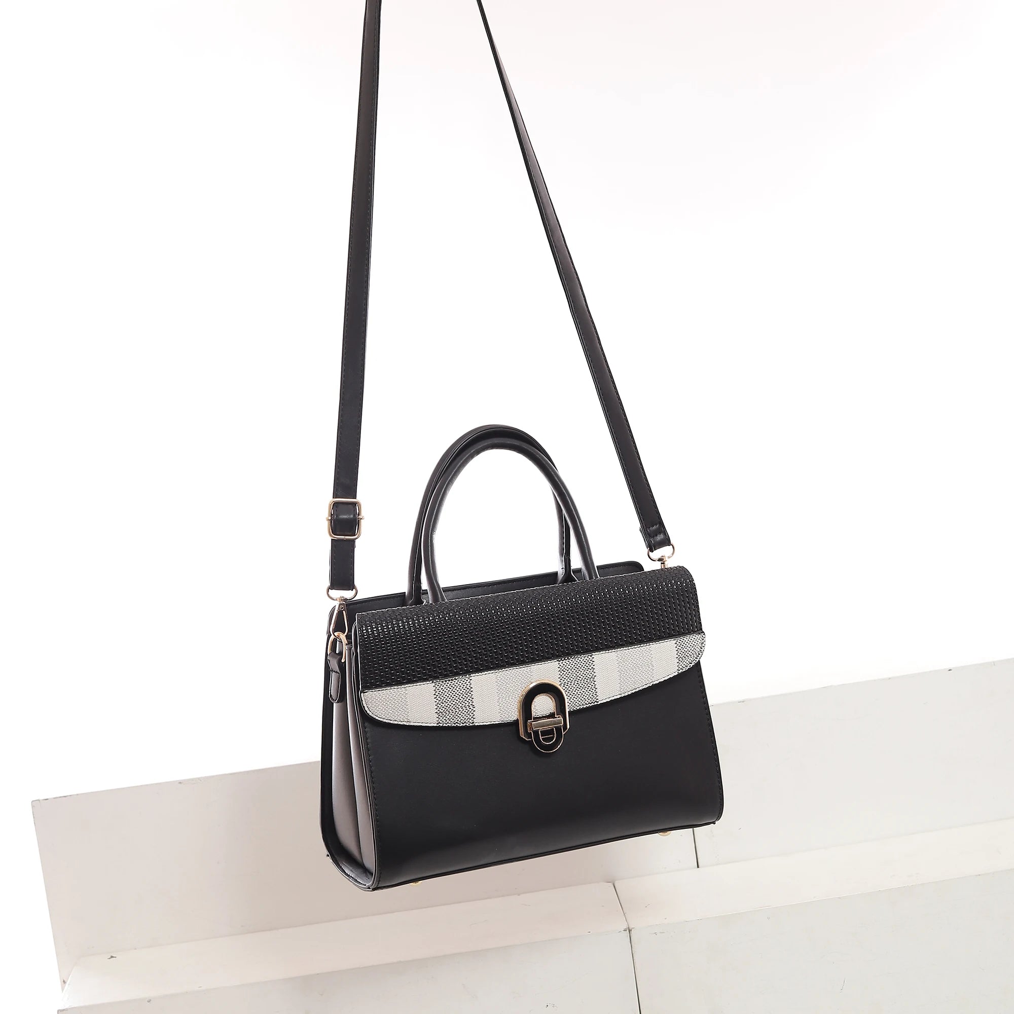 QAZA ED7307-1 Women PU Leather Woven Flap Tote Bag Set