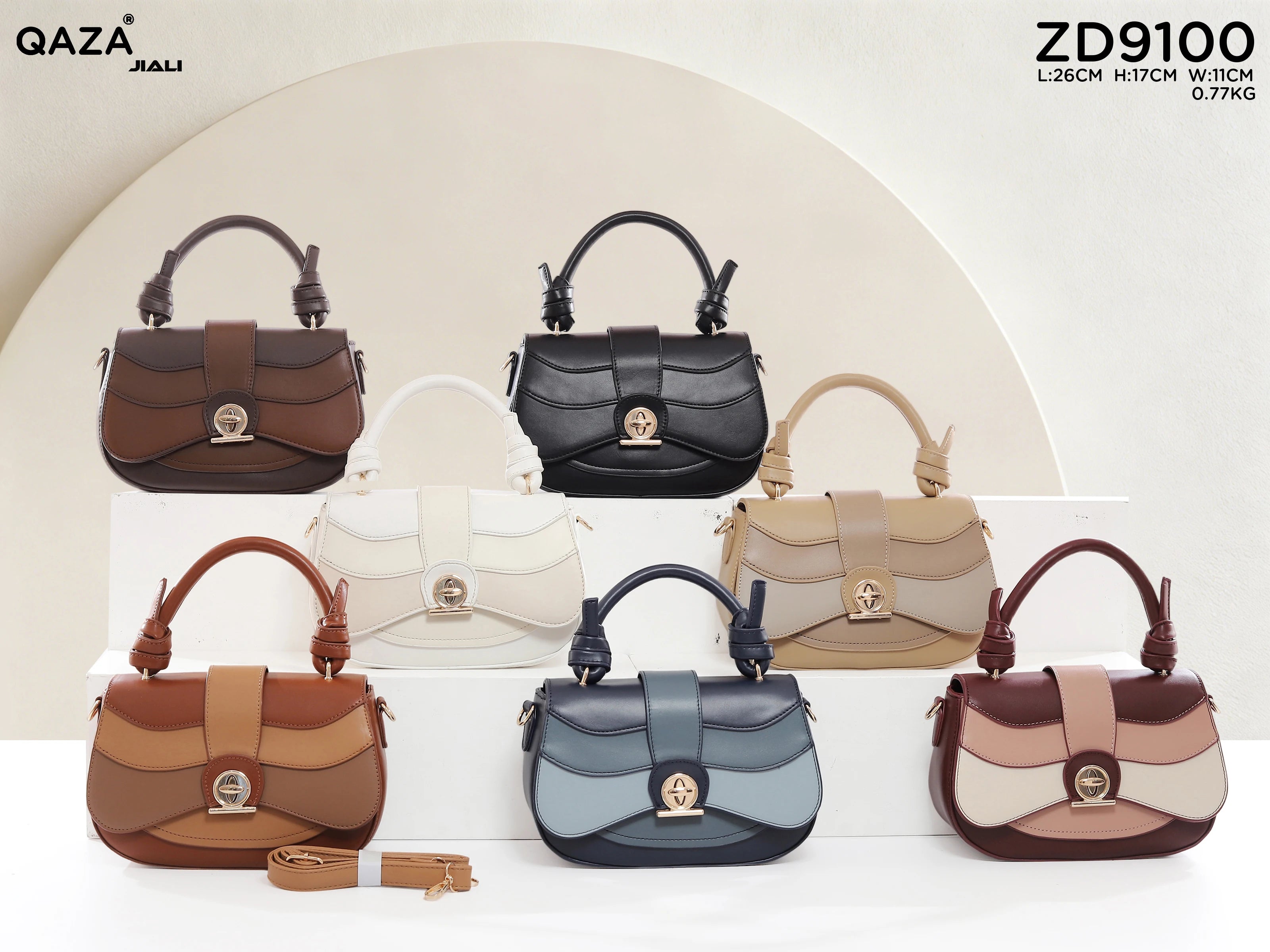QAZA ZD9100 Women PU Leather Color Block Structured Tote Satchel Bag