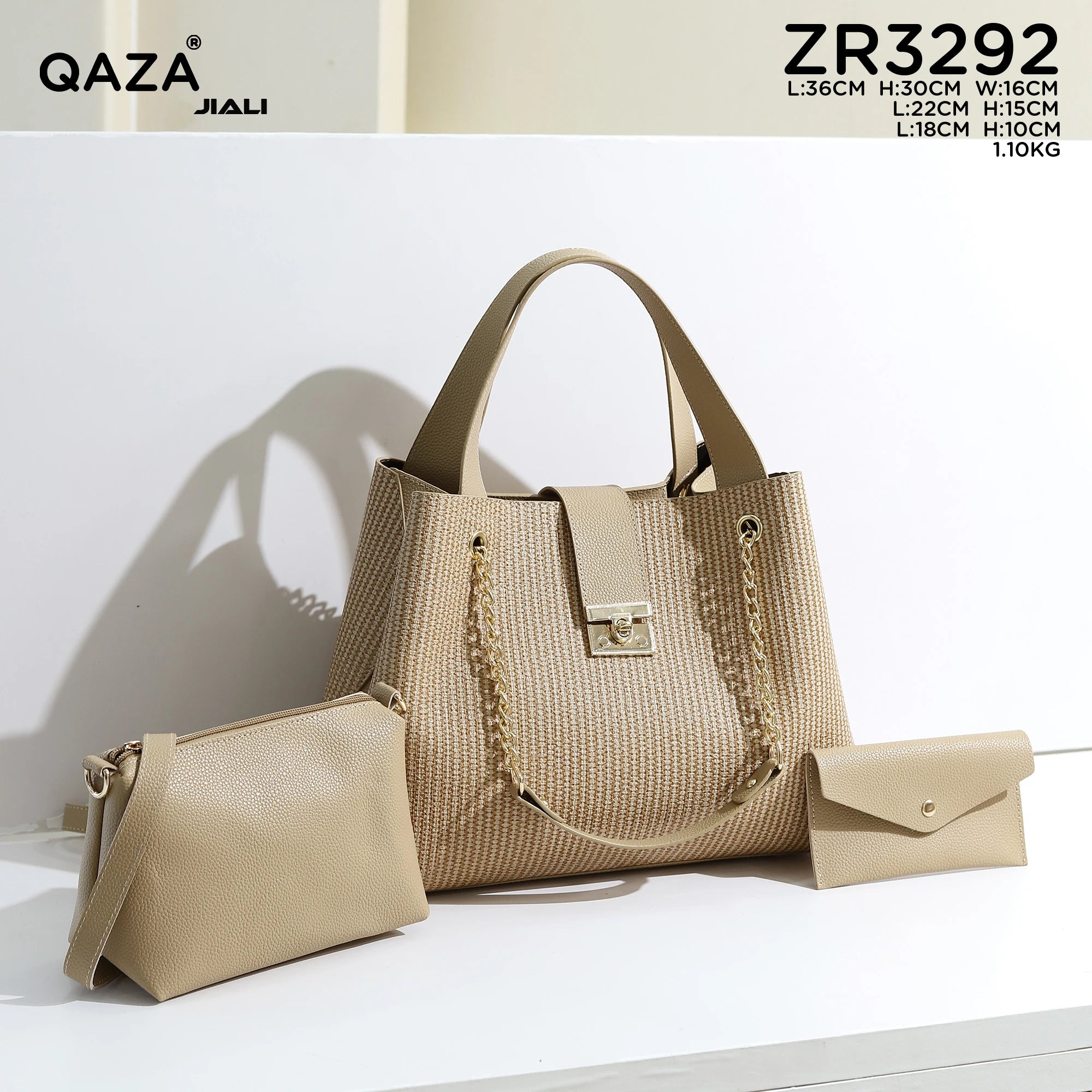 QAZA ZR3292 Women PU Leather 3-in-1 Tote Handbag Set