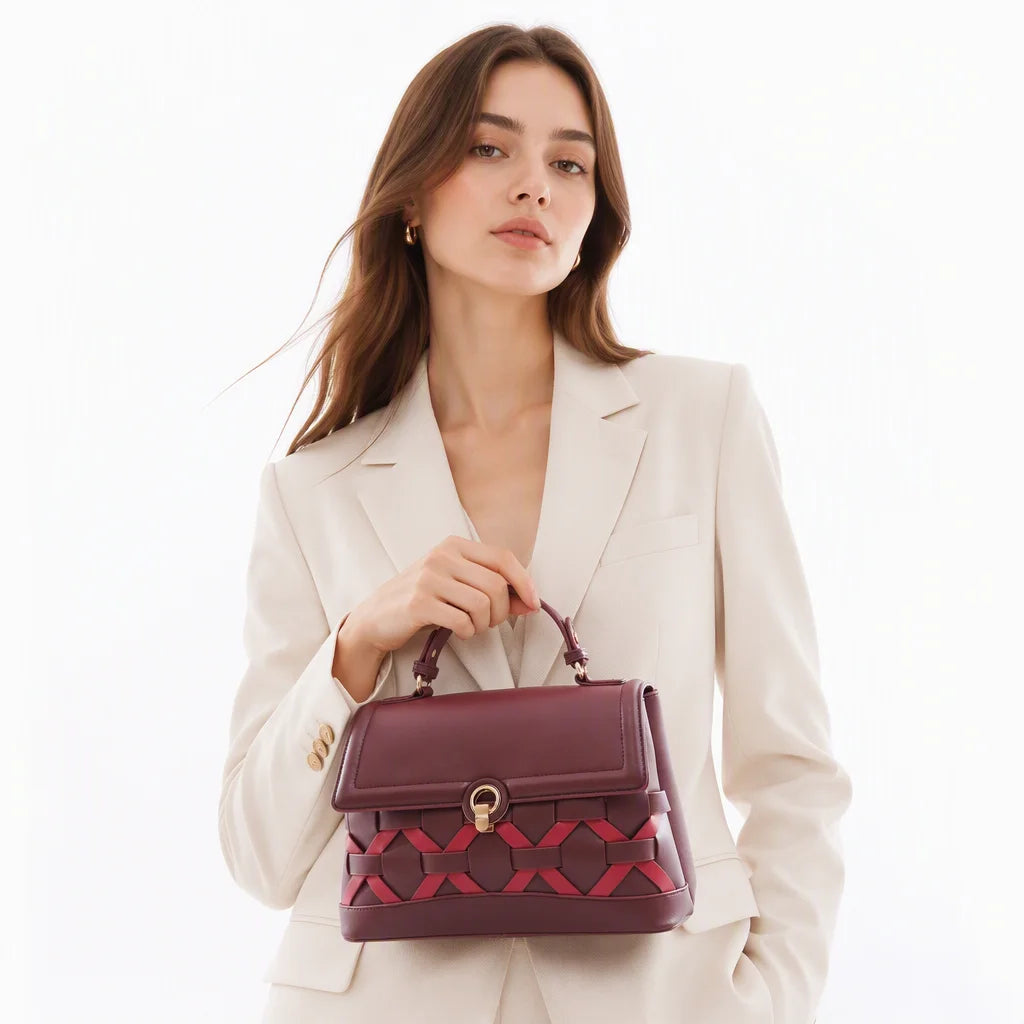 QAZA Women PU Leather Woven Grid 2-in-1 Tote Shoulder Handbag Set
