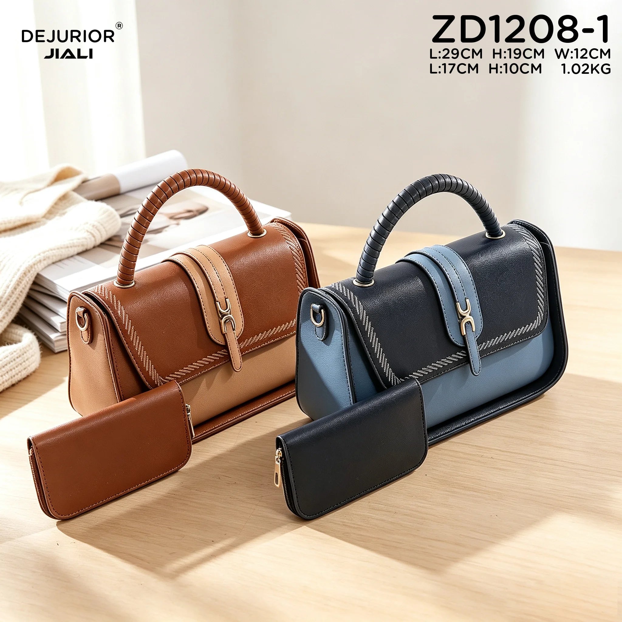 Women PU Leather Vintage Stitch Woven Handle Flip 2-in-1 Tote Work Bag
