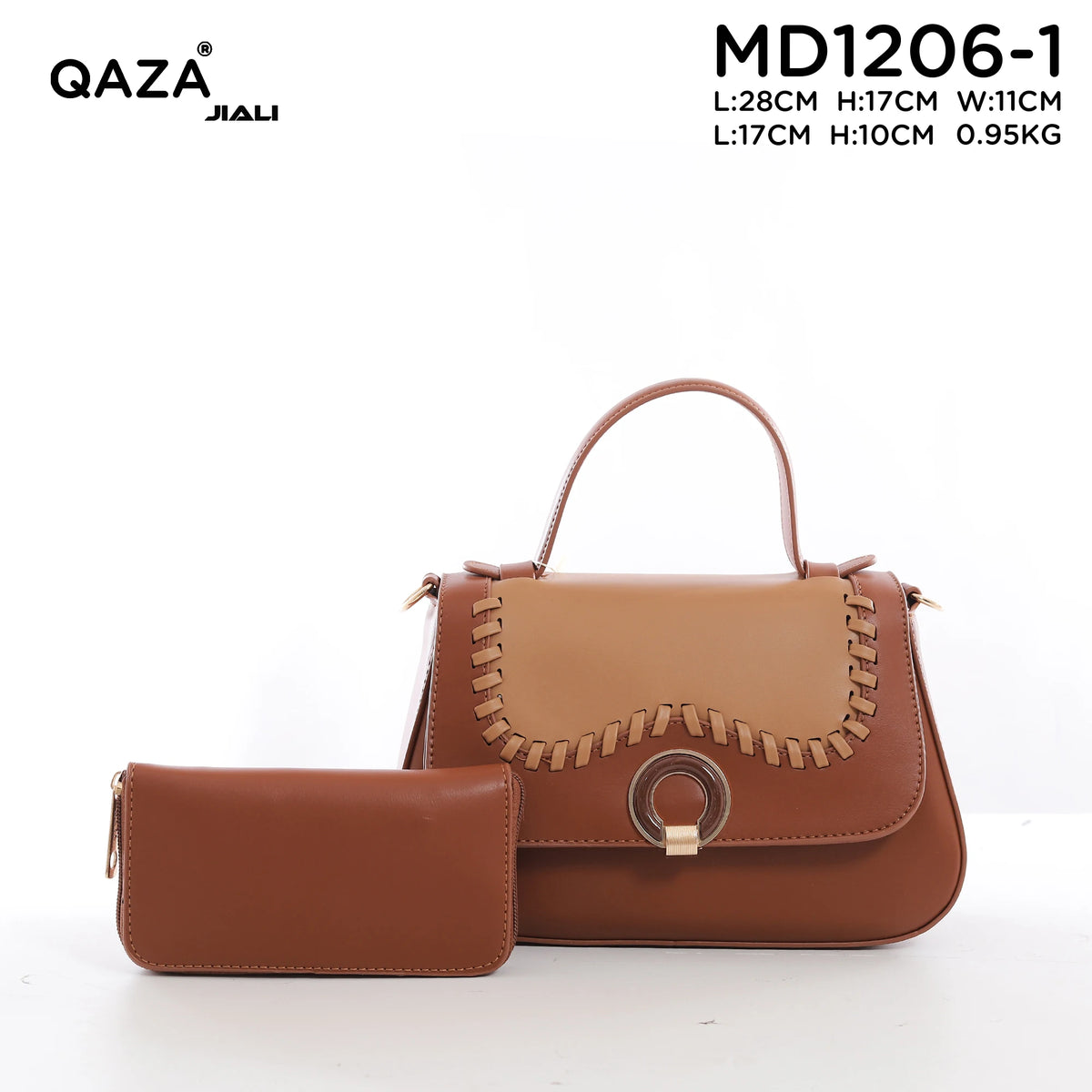 Women PU Leather Wave Whipstitch Flap Two-Tone Ring Lock Top Handle Crossbody Handbag Set