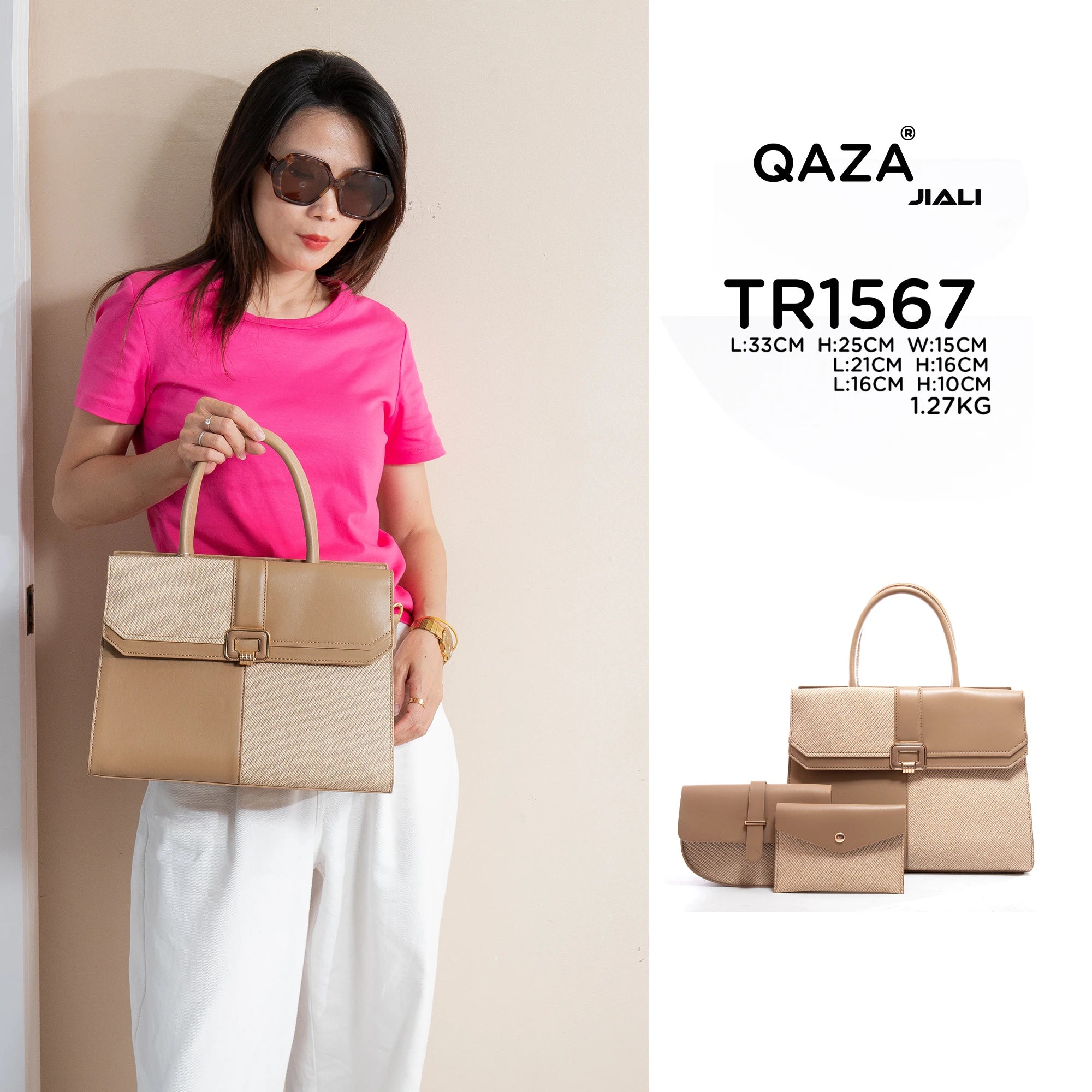 QAZA TR1567 Women PU Leather Crocodile Pattern Tote Bag Set