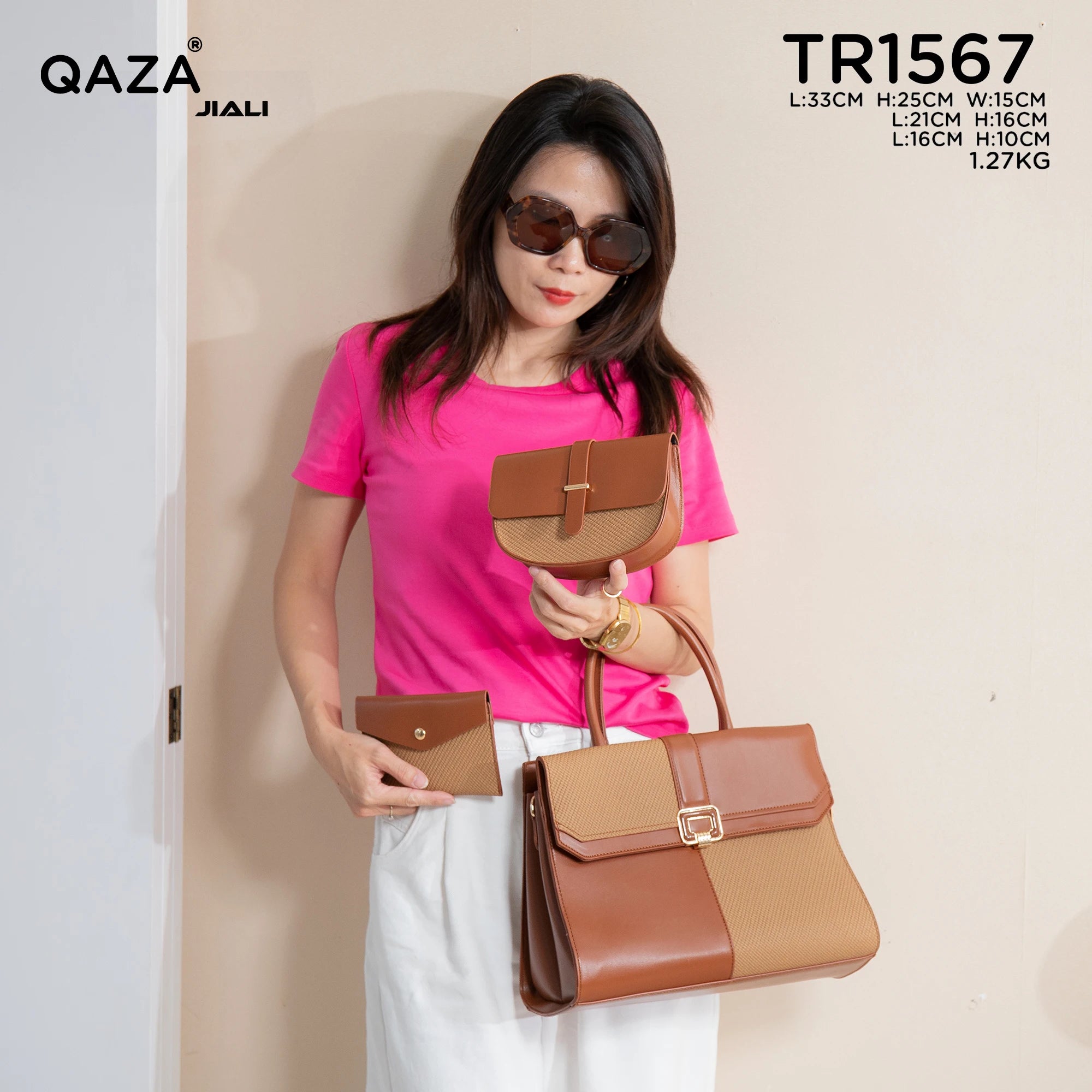 QAZA TR1567 Women PU Leather Crocodile Pattern Tote Bag Set