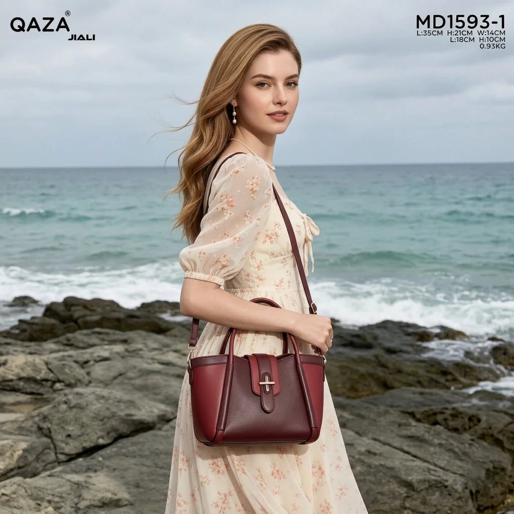QAZA Women PU Leather Contrast Color 2-in-1 Tote Shoulder Handbag Set