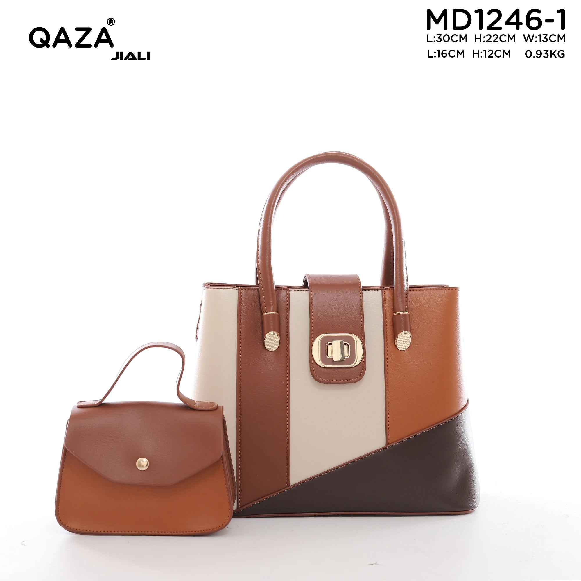 QAZA MD1246-1 Women PU Leather Color Block Tote Handbag Set