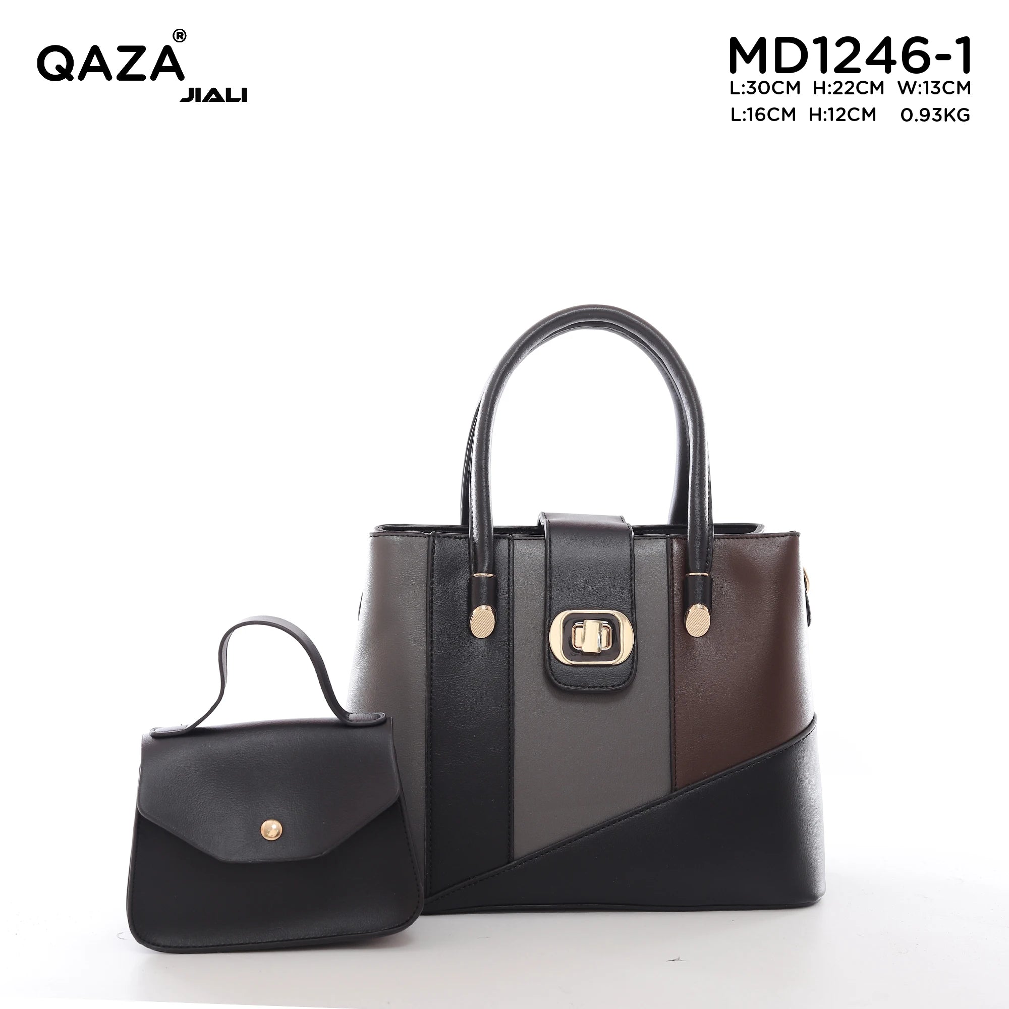 QAZA MD1246-1 Women PU Leather Color Block Tote Handbag Set