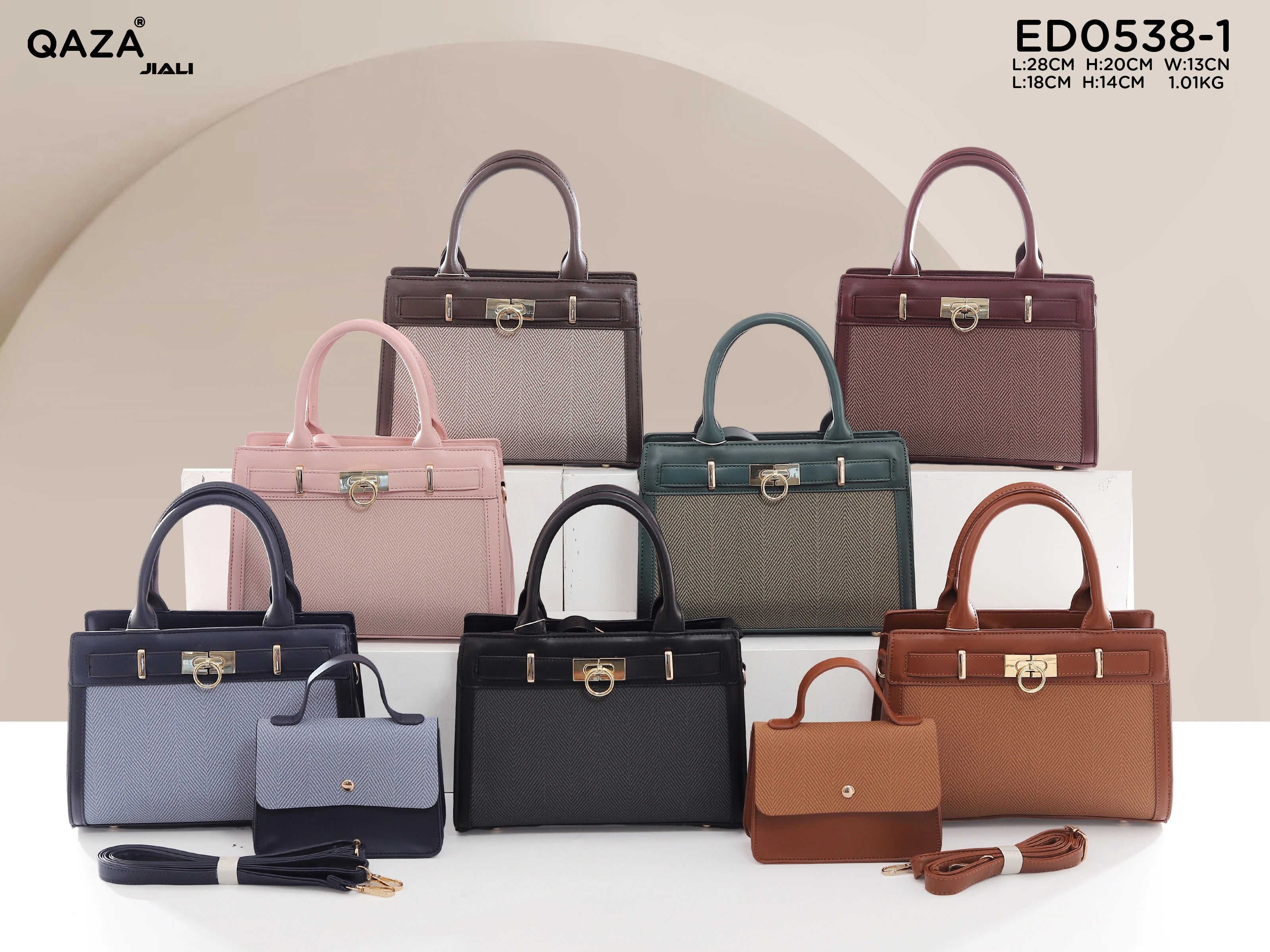 QAZA ED0538-1 Women PU Leather Herringbone Tote Handbag Set