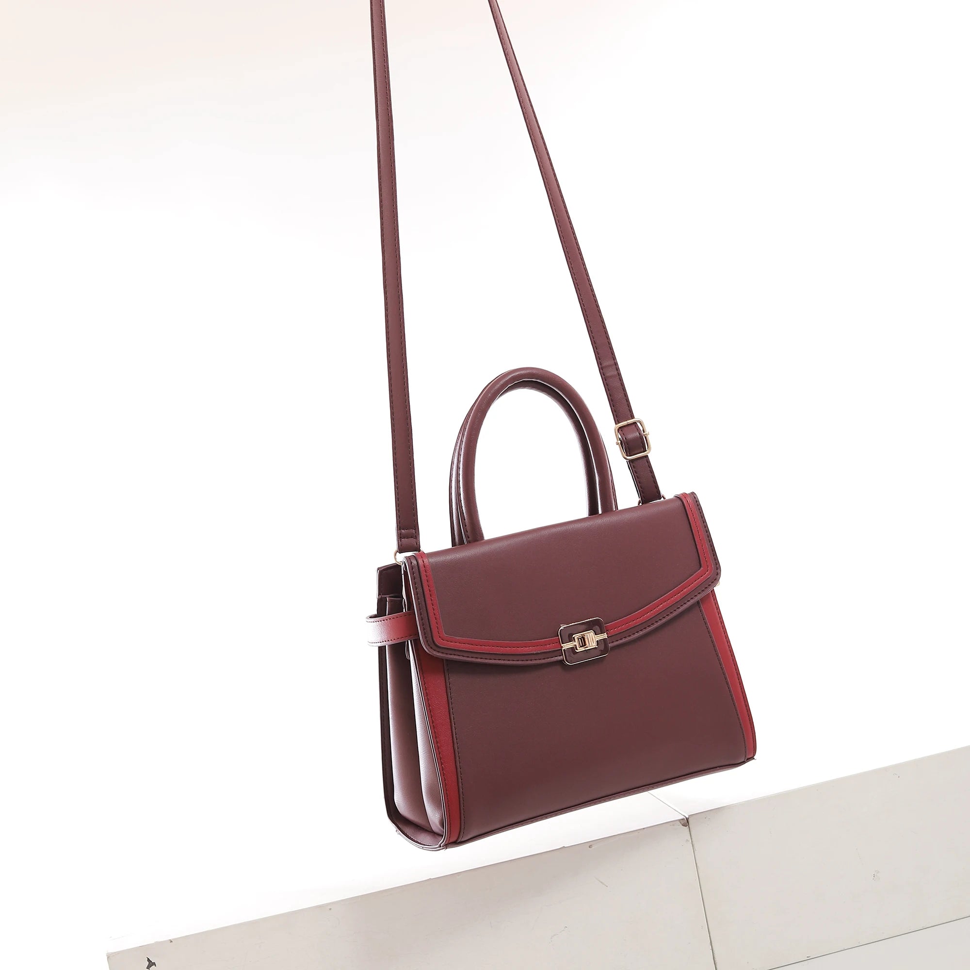 QAZA PD0715-1 Women PU Leather Contrast Trim Tote Bag Set