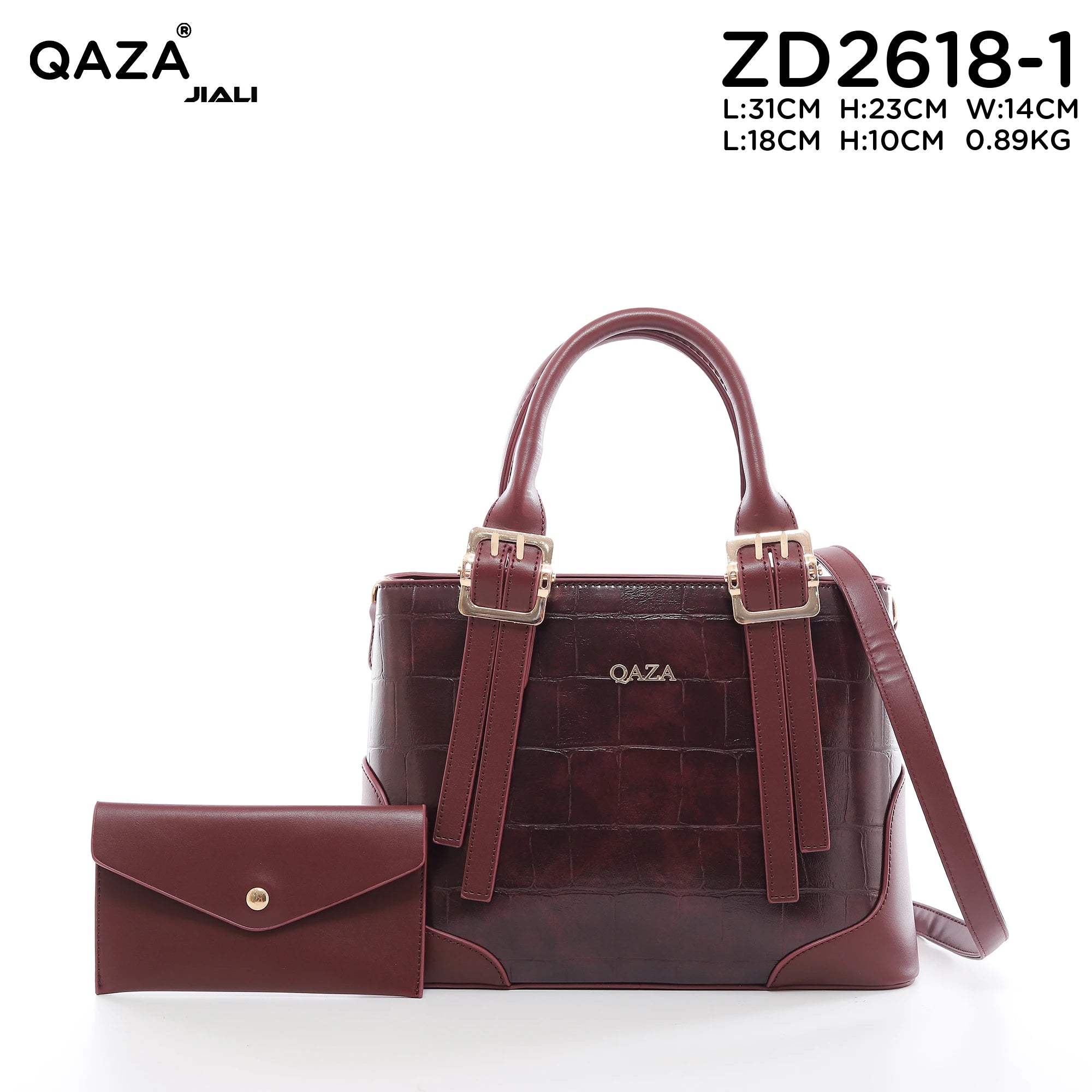 QAZA ZD2618-1 Women PU Crocodile Grain Leather Shoulder Bag Set With Long Wallet Vintage Gold Hardware Work Tote