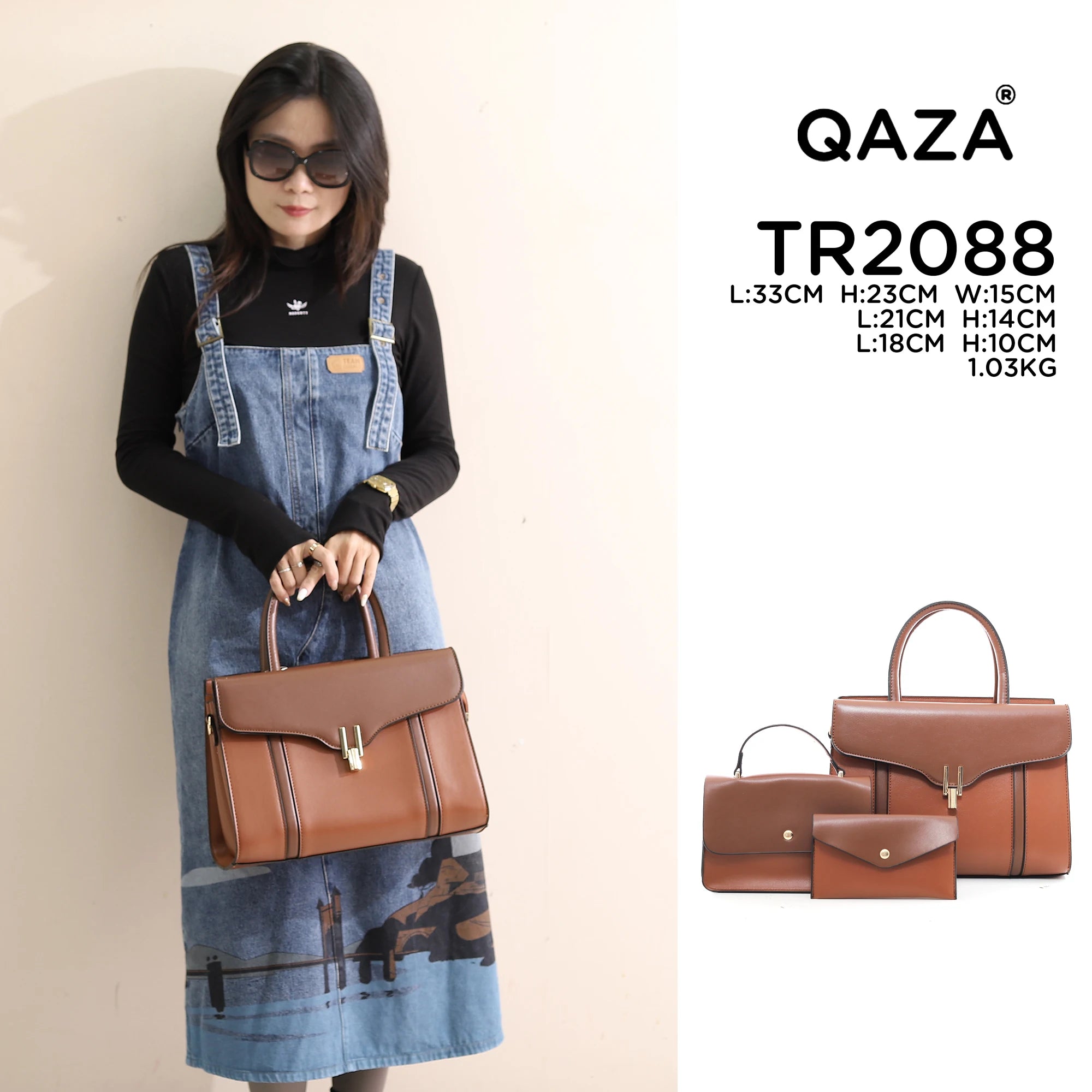 QAZA TR2088 Women PU Leather Crocodile Pattern Tote Bag Set