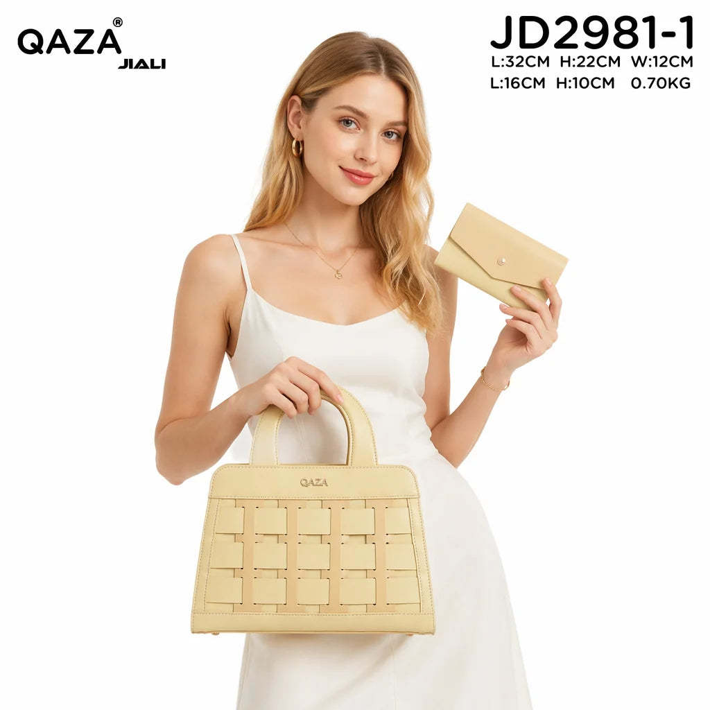 QAZA Women PU Leather 2-in-1 Woven Tote Shoulder Crossbody Purse Wallet Set