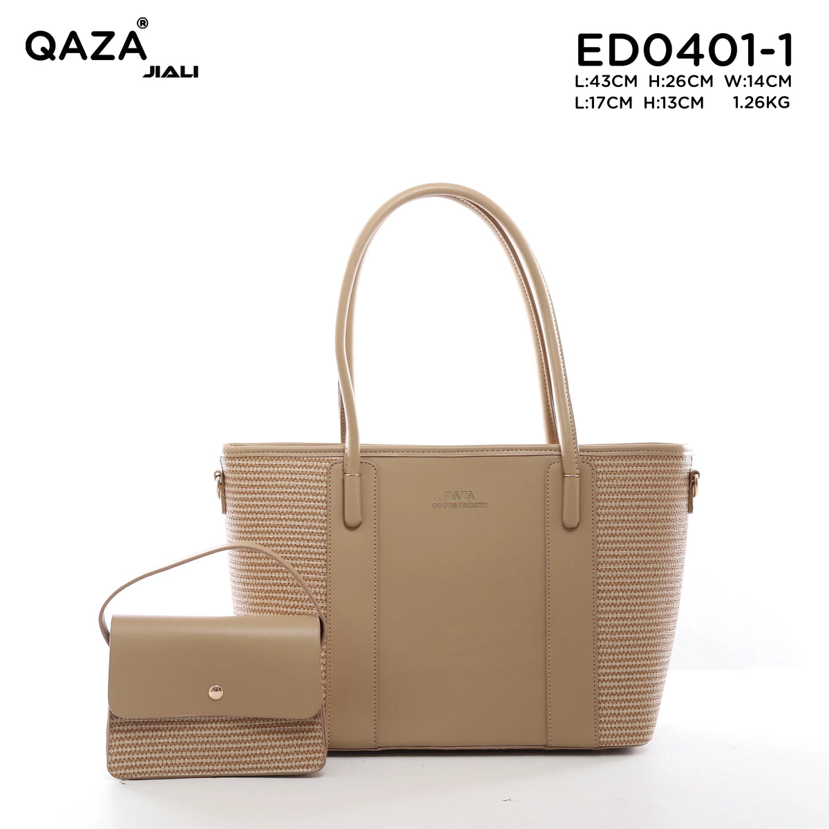 QAZA Women PU Leather Woven Texture 2-in-1 Tote Shoulder Handbag Set
