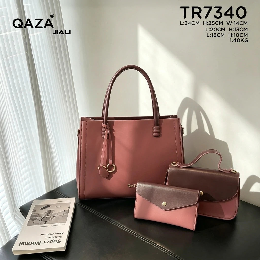 QAZA Women PU Leather 3-in-1 Tote Handbag Set