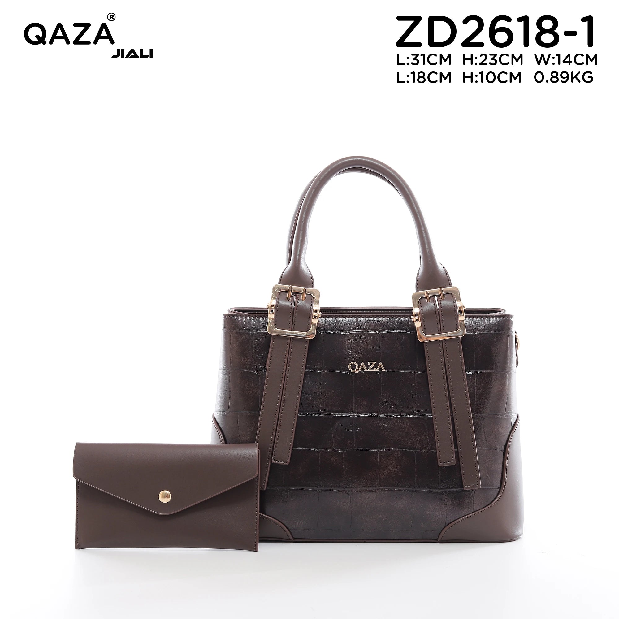 QAZA ZD2618-1 Women PU Crocodile Grain Leather Shoulder Bag Set With Long Wallet Vintage Gold Hardware Work Tote