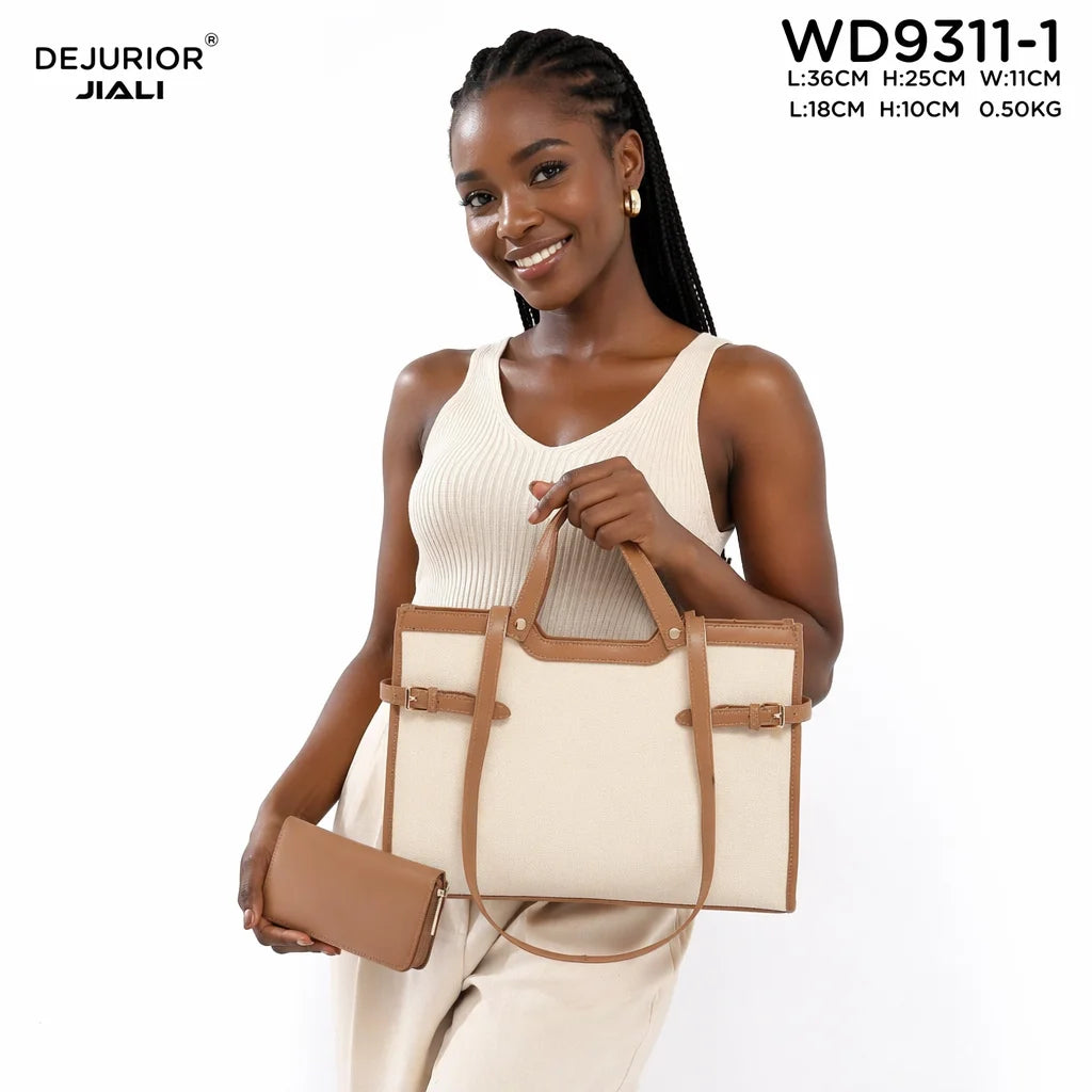 QAZA Women PU Leather 2-in-1 Quilted Tote Shoulder Handbag Set