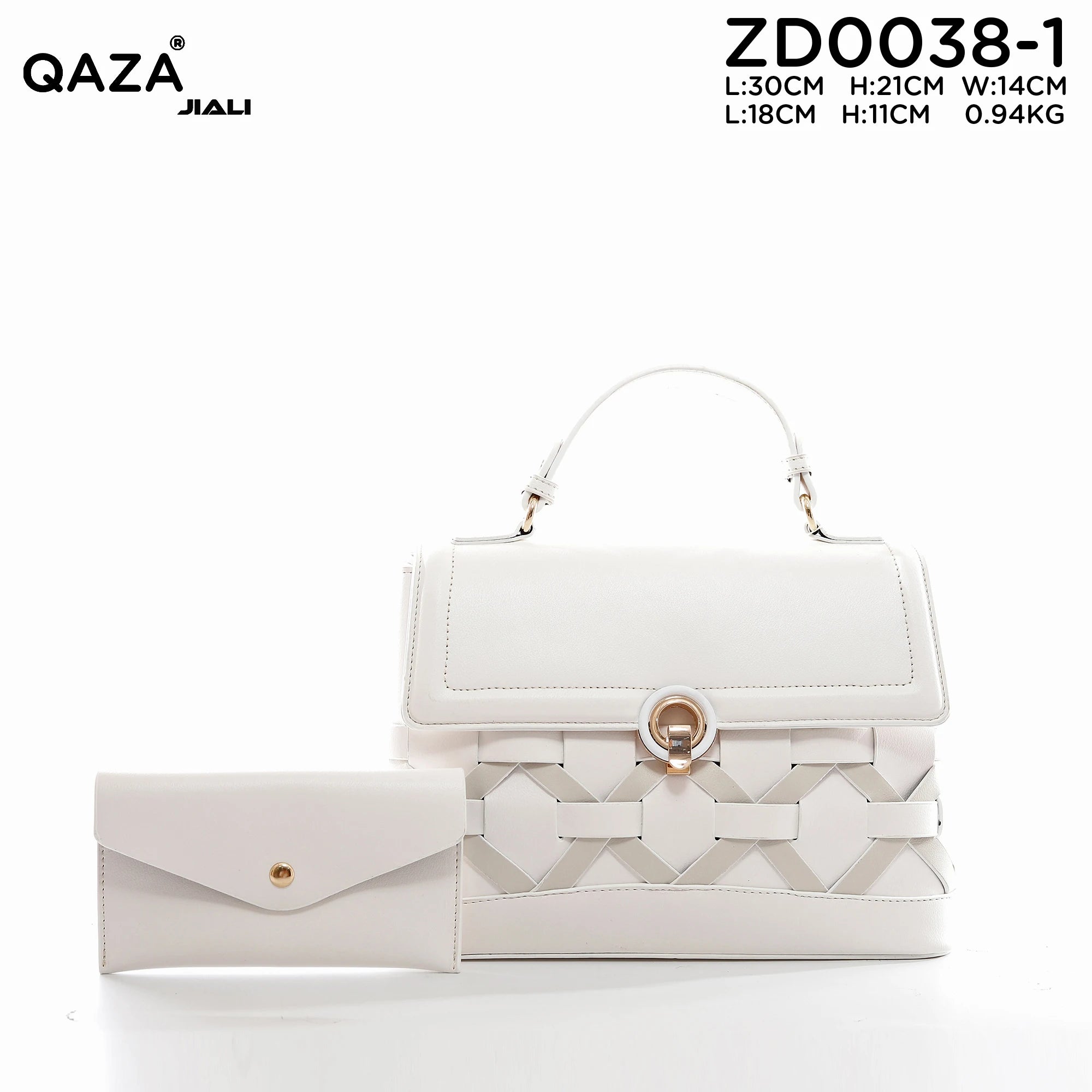 QAZA Women PU Leather Woven Grid 2-in-1 Tote Shoulder Handbag Set