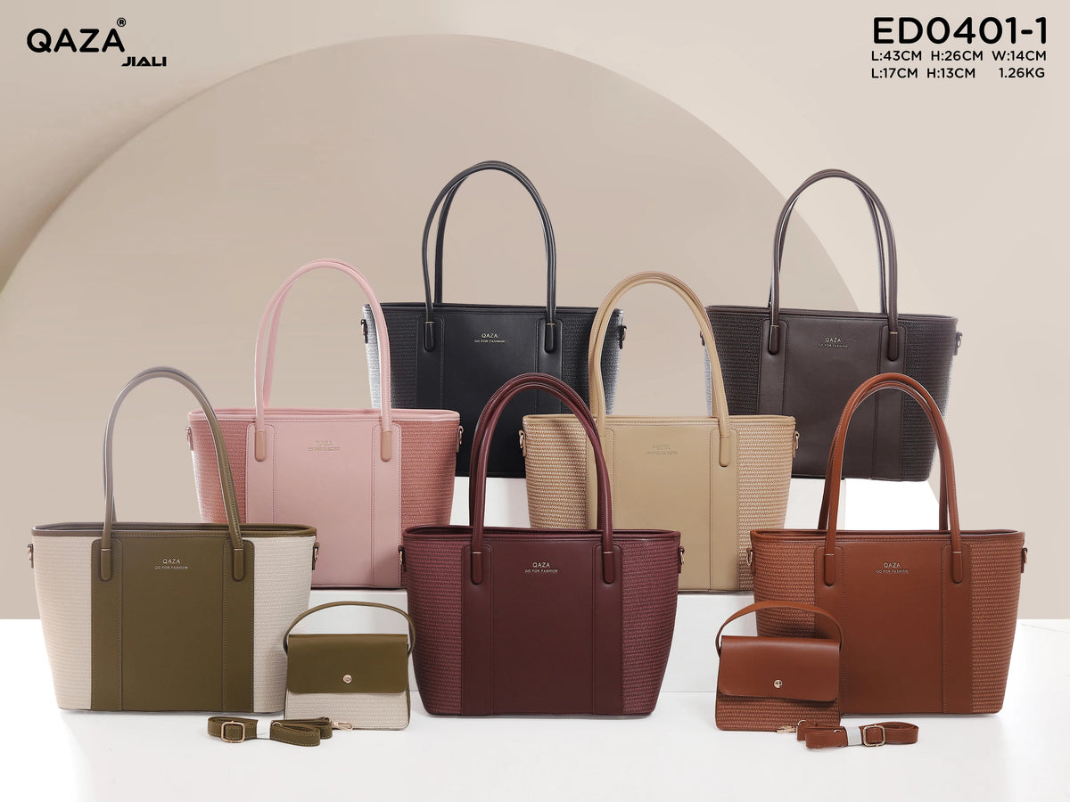 QAZA Women PU Leather Woven Texture 2-in-1 Tote Shoulder Handbag Set