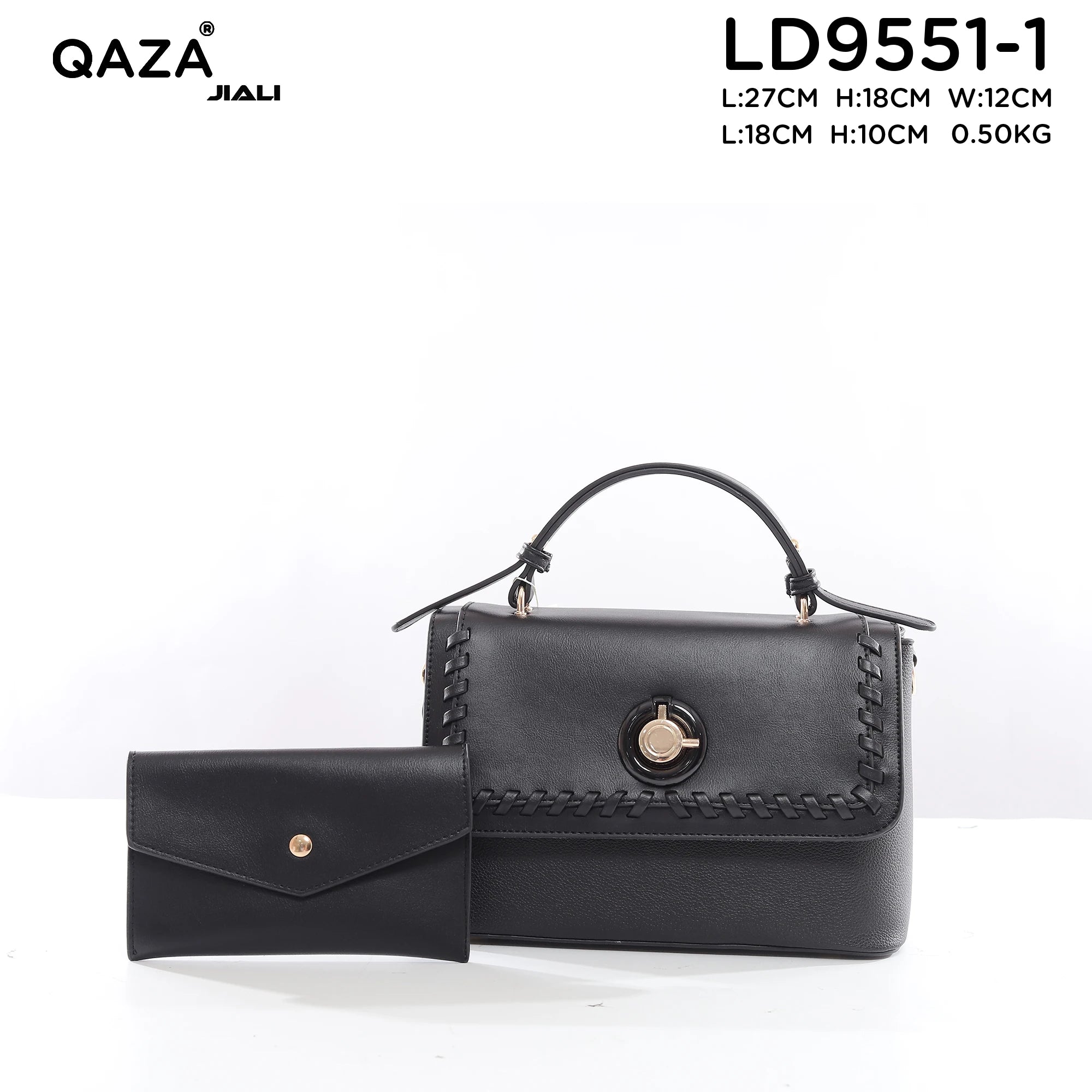 QAZA Women PU Leather Stitched Edge 2-in-1 Tote Shoulder Handbag Set