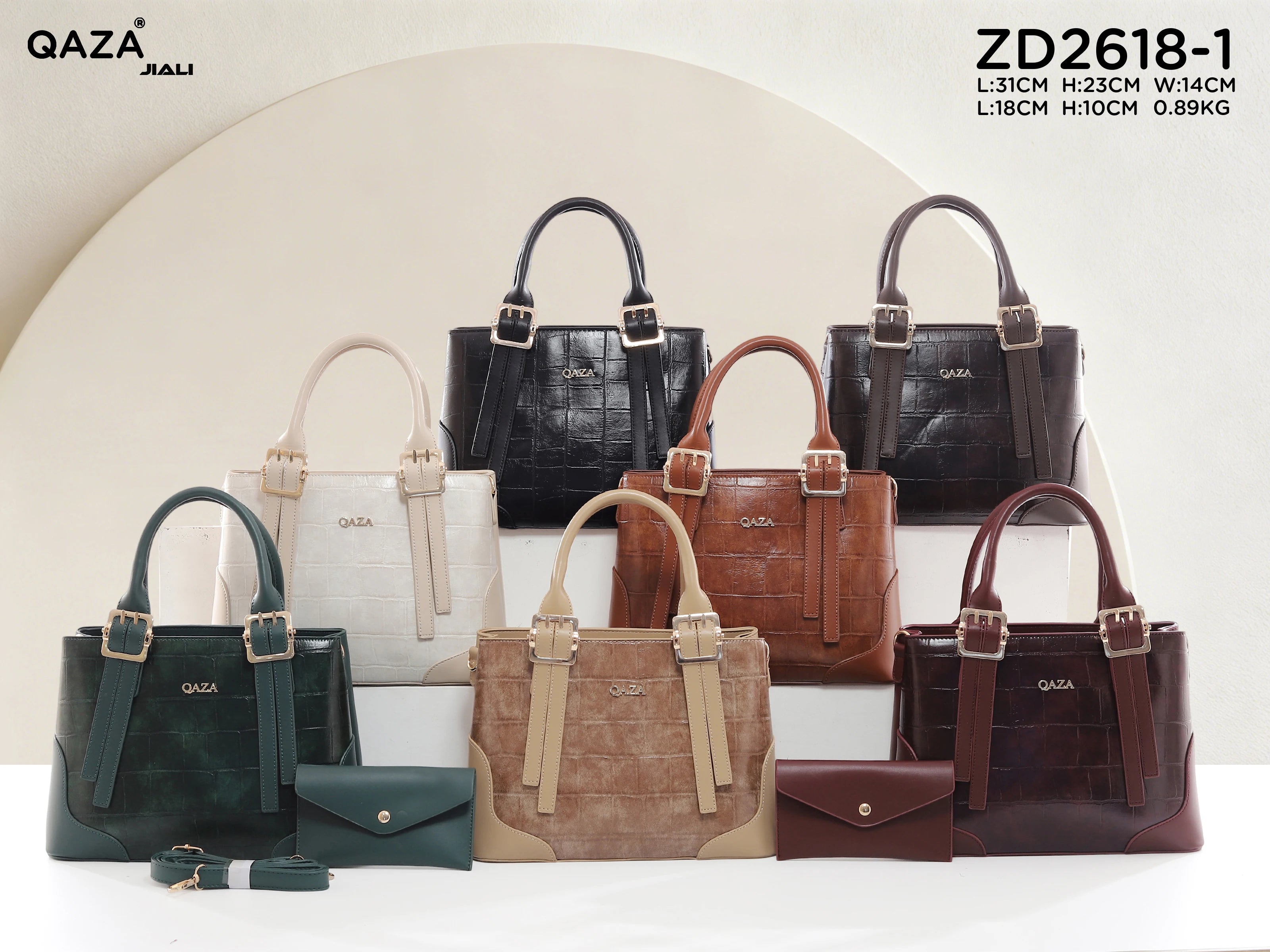QAZA ZD2618-1 Women PU Crocodile Grain Leather Shoulder Bag Set With Long Wallet Vintage Gold Hardware Work Tote